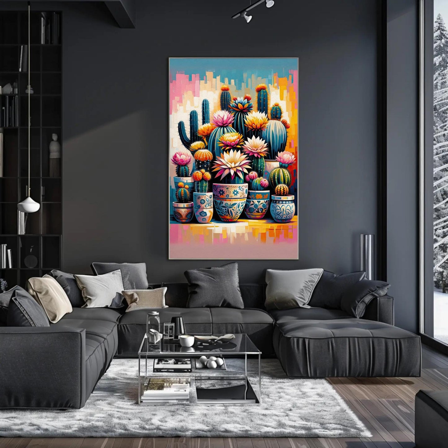 Vibrant Cactus and Flowers Vertical Canvas Print