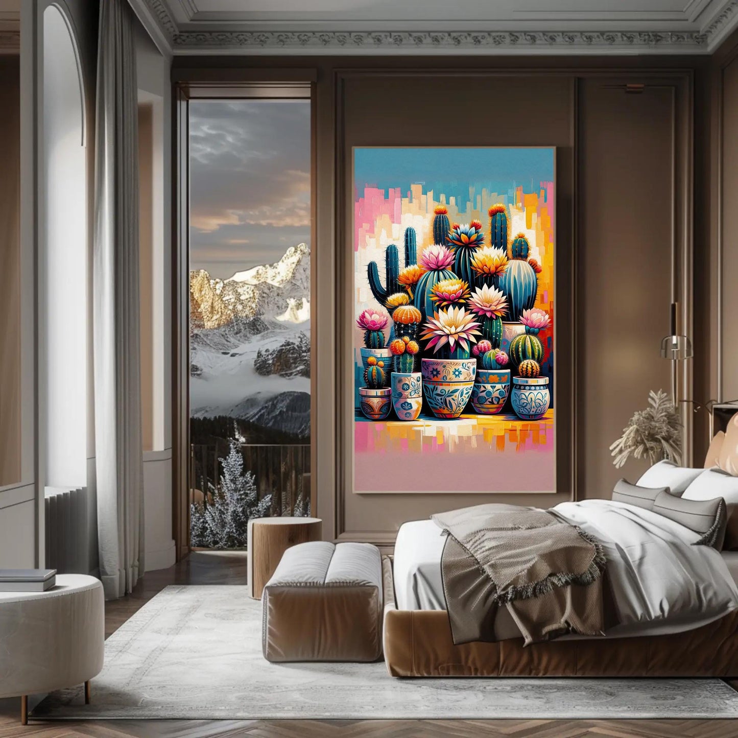 Vibrant Cactus and Flowers Vertical Canvas Print
