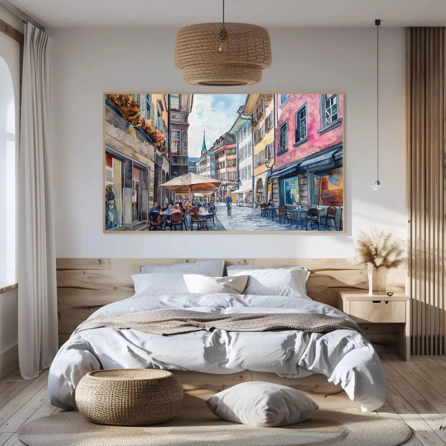 Zurich Switzerland Street Painting, Framed Watercolor Print, Scenic Swiss Art Poster, Ready to Hang, Perfect for Living Room or Office Wall Art – Canvas Print