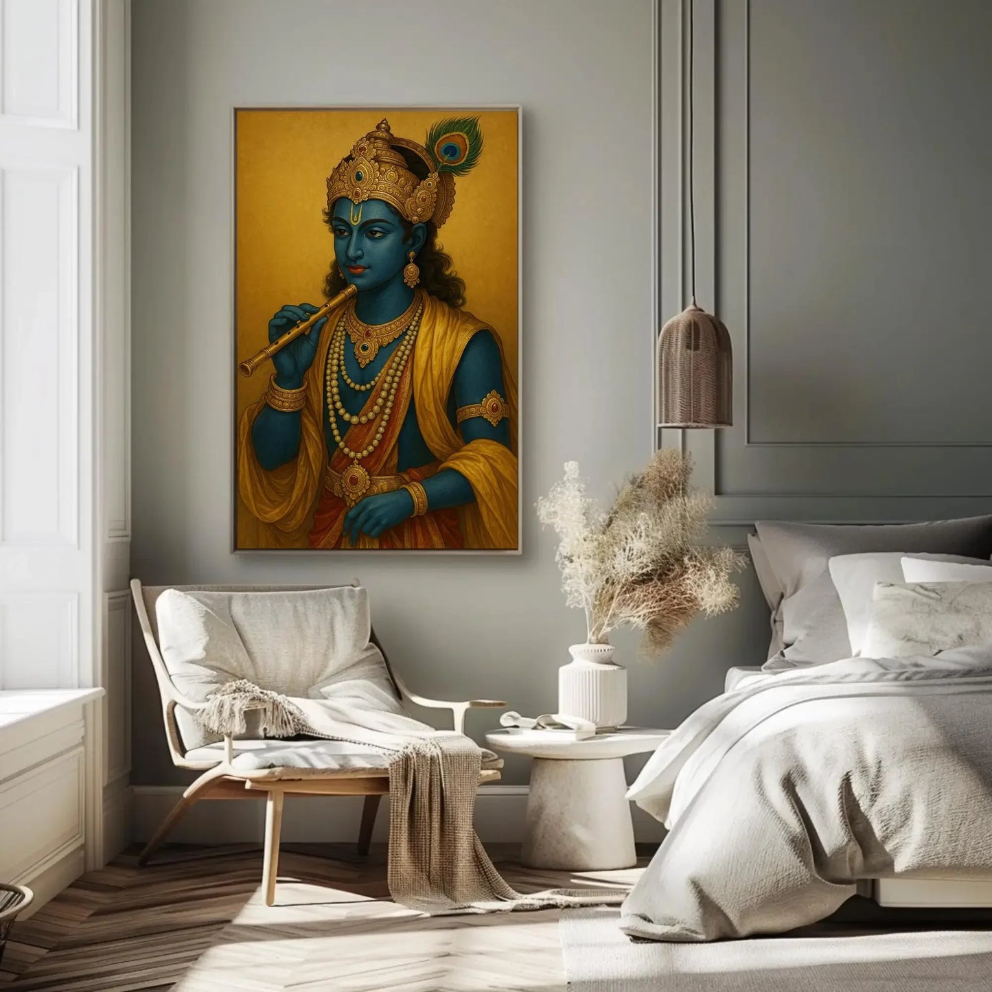 Krishna portrait with flute canvas print Indian art Hindu god wall decor spiritual blessing divine blue deity home temple piece Wall Art – Canvas Print