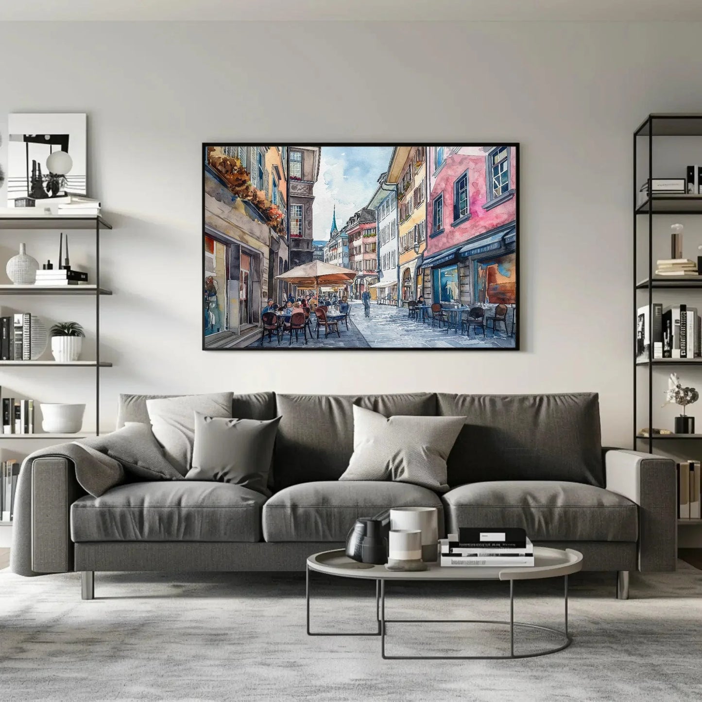 Zurich Switzerland Street Painting, Framed Watercolor Print, Scenic Swiss Art Poster, Ready to Hang, Perfect for Living Room or Office Wall Art – Canvas Print