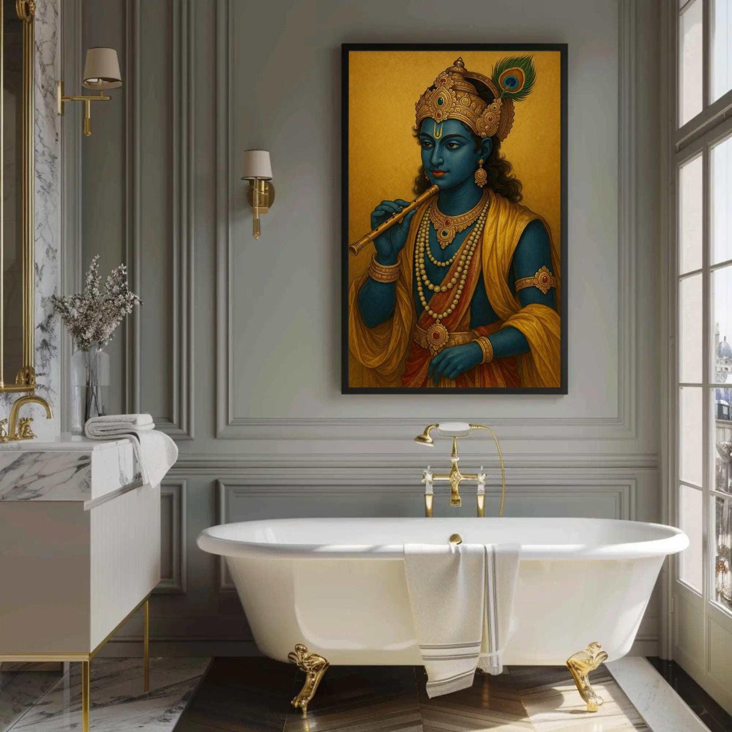 Krishna portrait with flute canvas print Indian art Hindu god wall decor spiritual blessing divine blue deity home temple piece Wall Art – Canvas Print