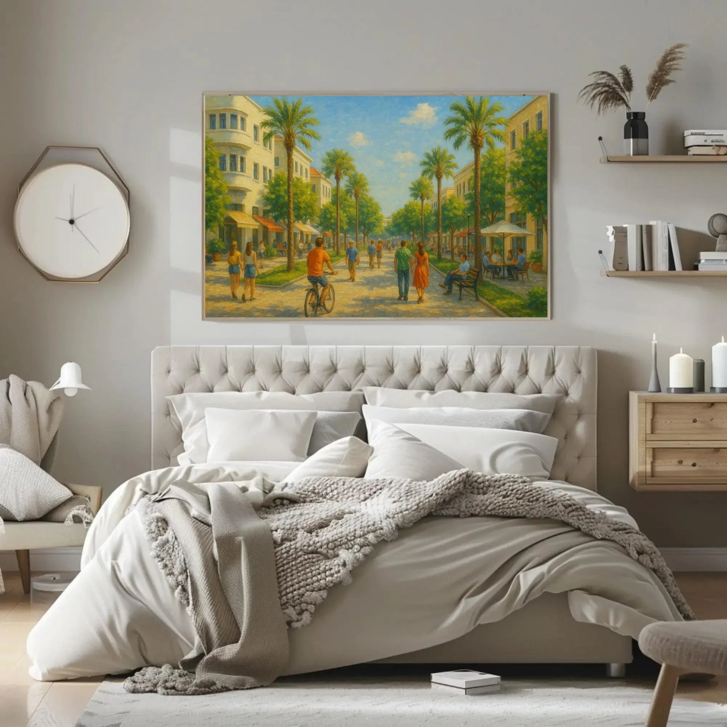 Israel palm street canvas print sunny modern city painting Middle Eastern art for home decor romantic warm tone landscape Wall Art – Canvas Print