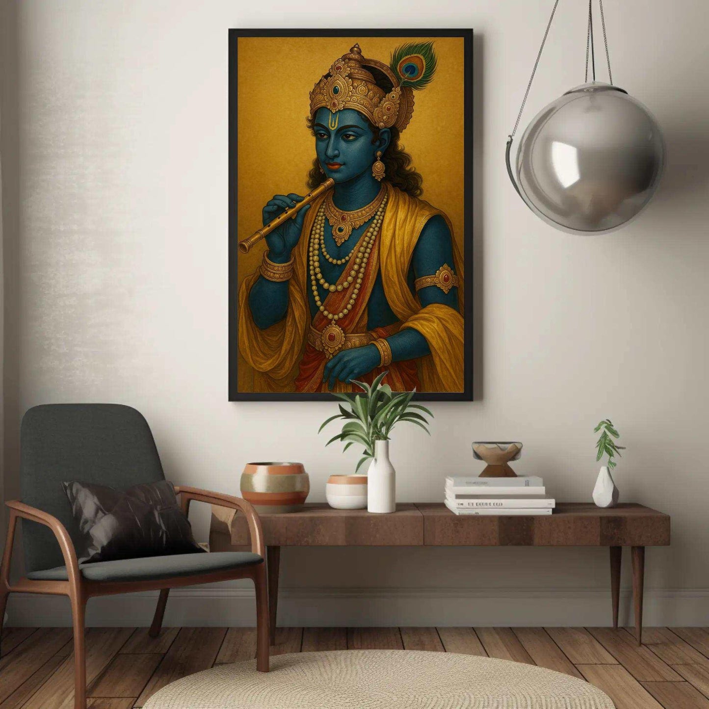Krishna portrait with flute canvas print Indian art Hindu god wall decor spiritual blessing divine blue deity home temple piece Wall Art – Canvas Print