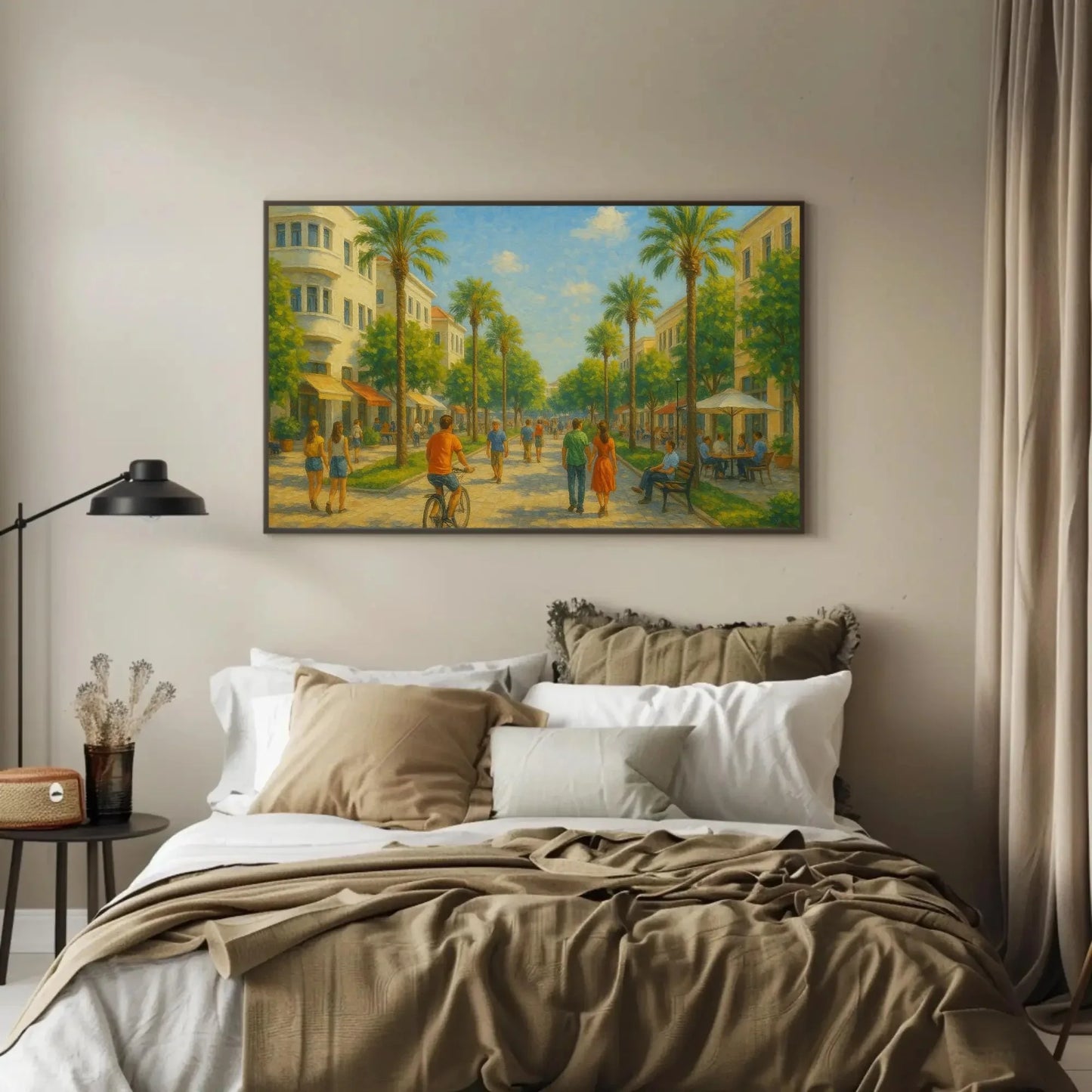 Israel palm street canvas print sunny modern city painting Middle Eastern art for home decor romantic warm tone landscape Wall Art – Canvas Print