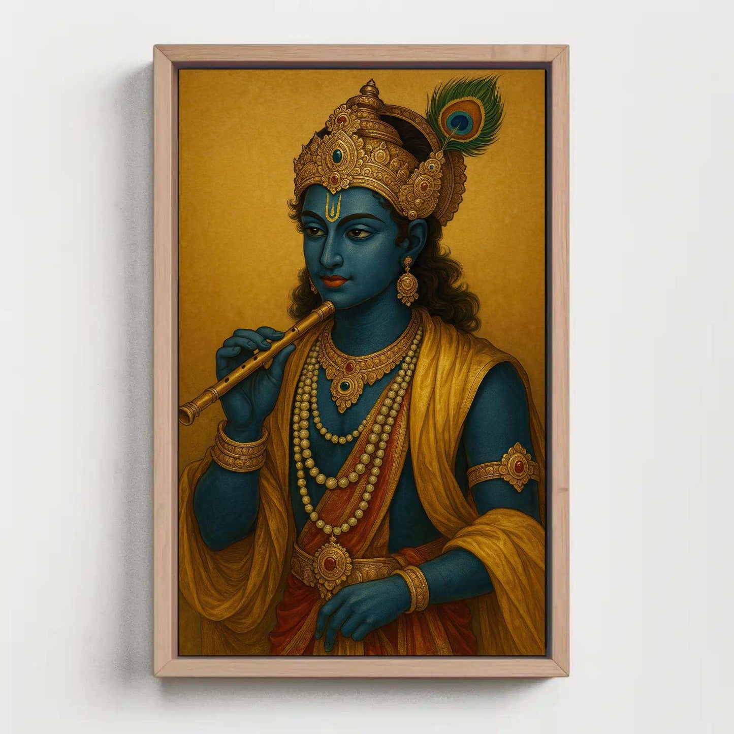 Krishna portrait with flute canvas print Indian art Hindu god wall decor spiritual blessing divine blue deity home temple piece Wall Art – Canvas Print