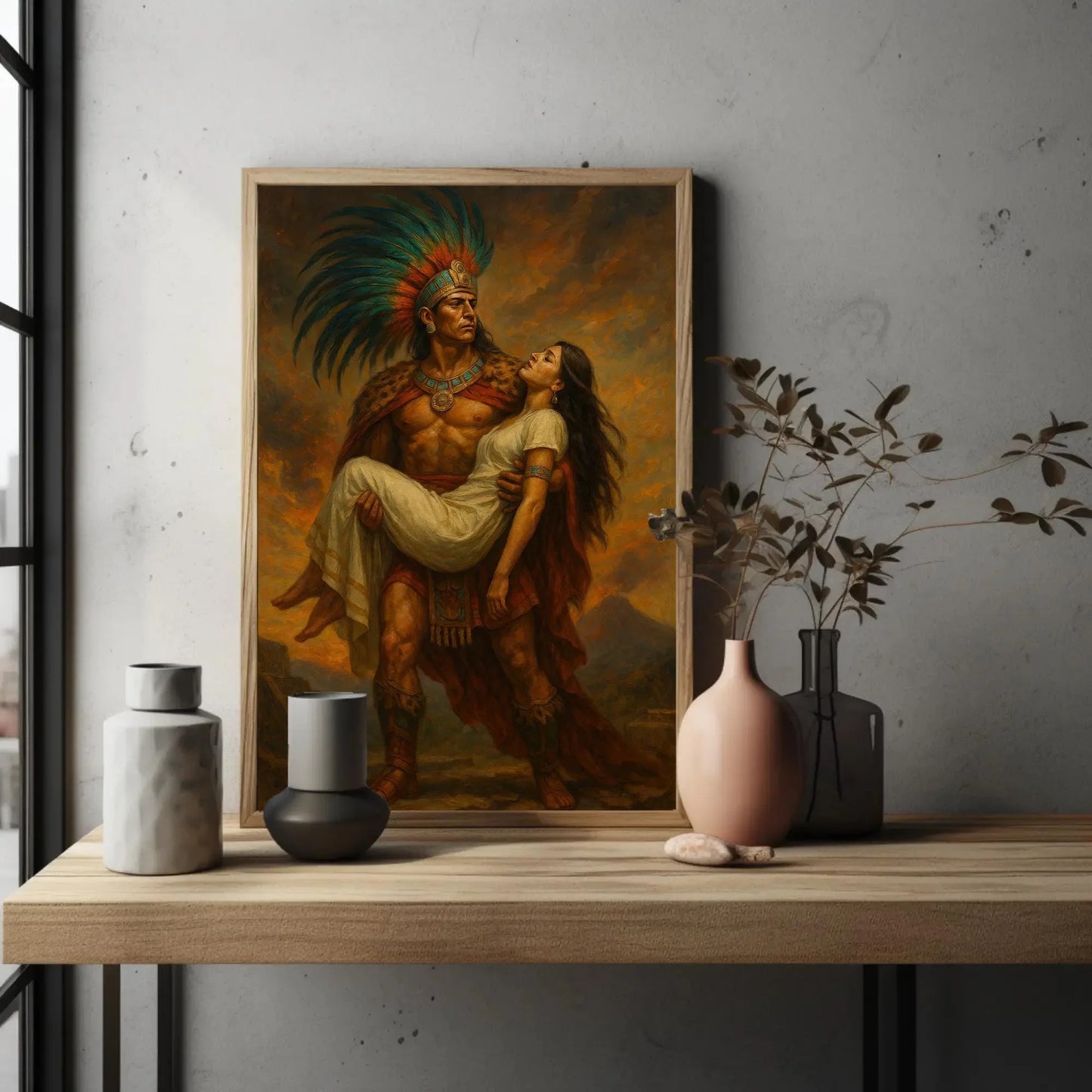 Aztec warrior carrying woman painting canvas print Mexico wall art Latin romance legend indigenous historical home decor bold artwork Wall Art – Canvas Print