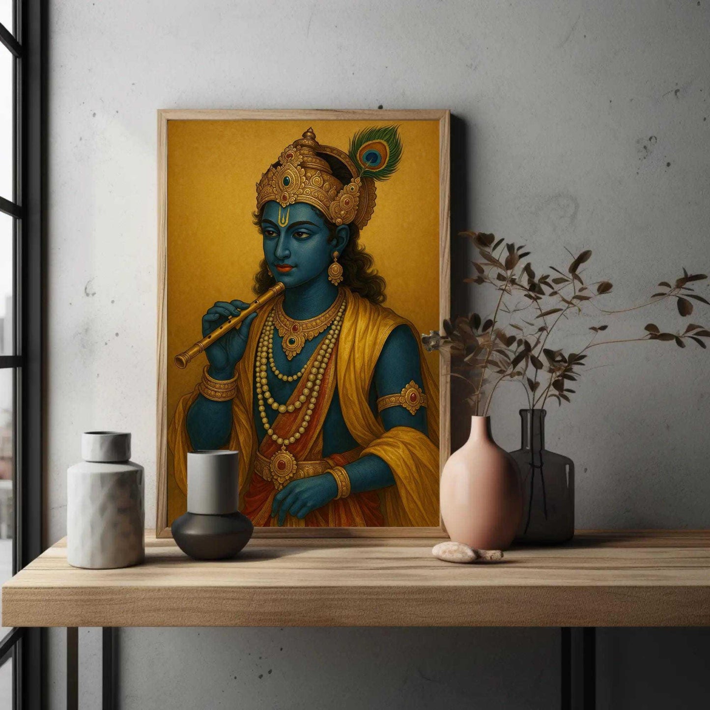 Krishna portrait with flute canvas print Indian art Hindu god wall decor spiritual blessing divine blue deity home temple piece Wall Art – Canvas Print