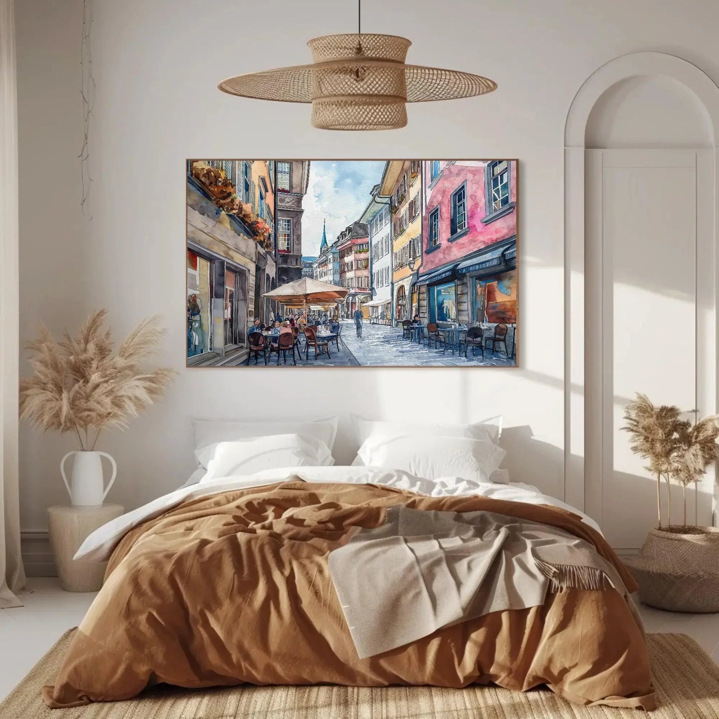 Zurich Switzerland Street Painting, Framed Watercolor Print, Scenic Swiss Art Poster, Ready to Hang, Perfect for Living Room or Office Wall Art – Canvas Print