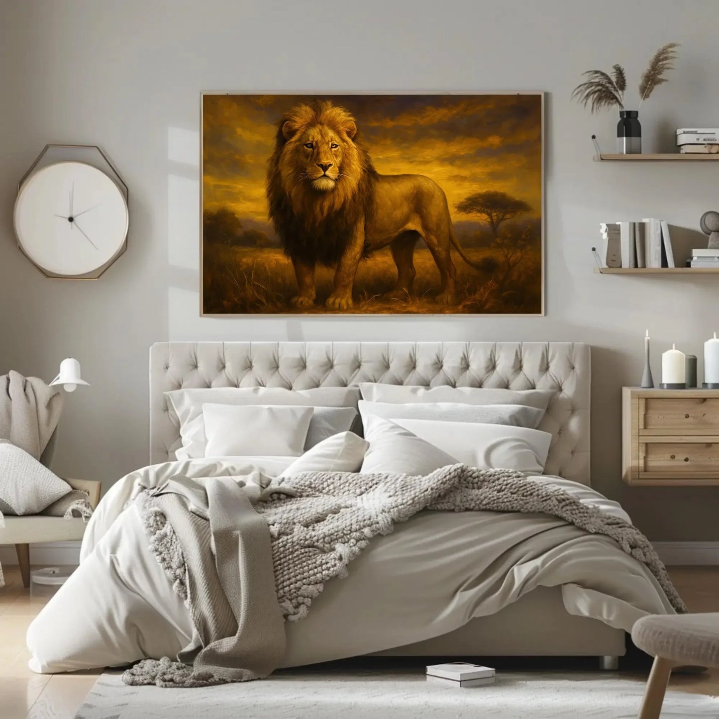 African Lion Sunset Painting Majestic King of Jungle Wildlife Wall Art Safari Nature Animal Decor Strength Courage Canvas Print Wall Art – Canvas Print