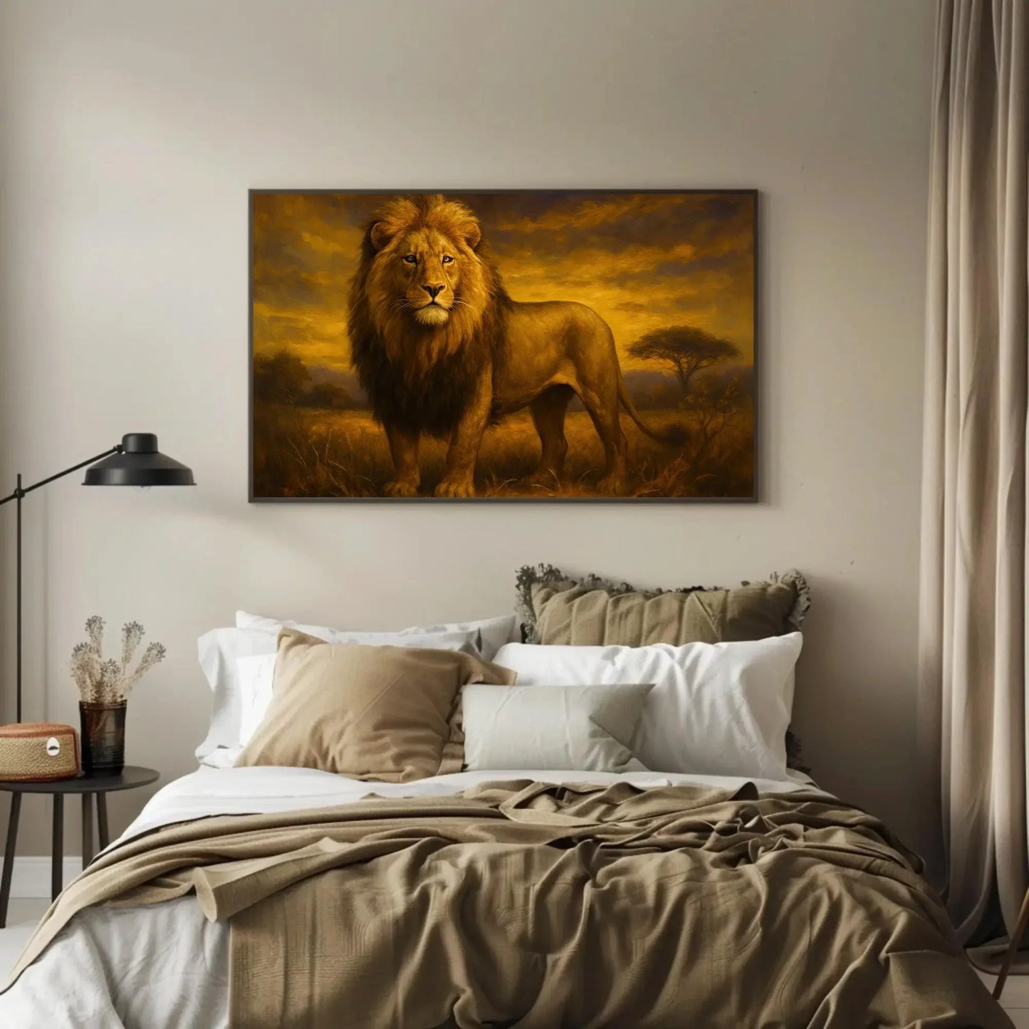 African Lion Sunset Painting Majestic King of Jungle Wildlife Wall Art Safari Nature Animal Decor Strength Courage Canvas Print Wall Art – Canvas Print