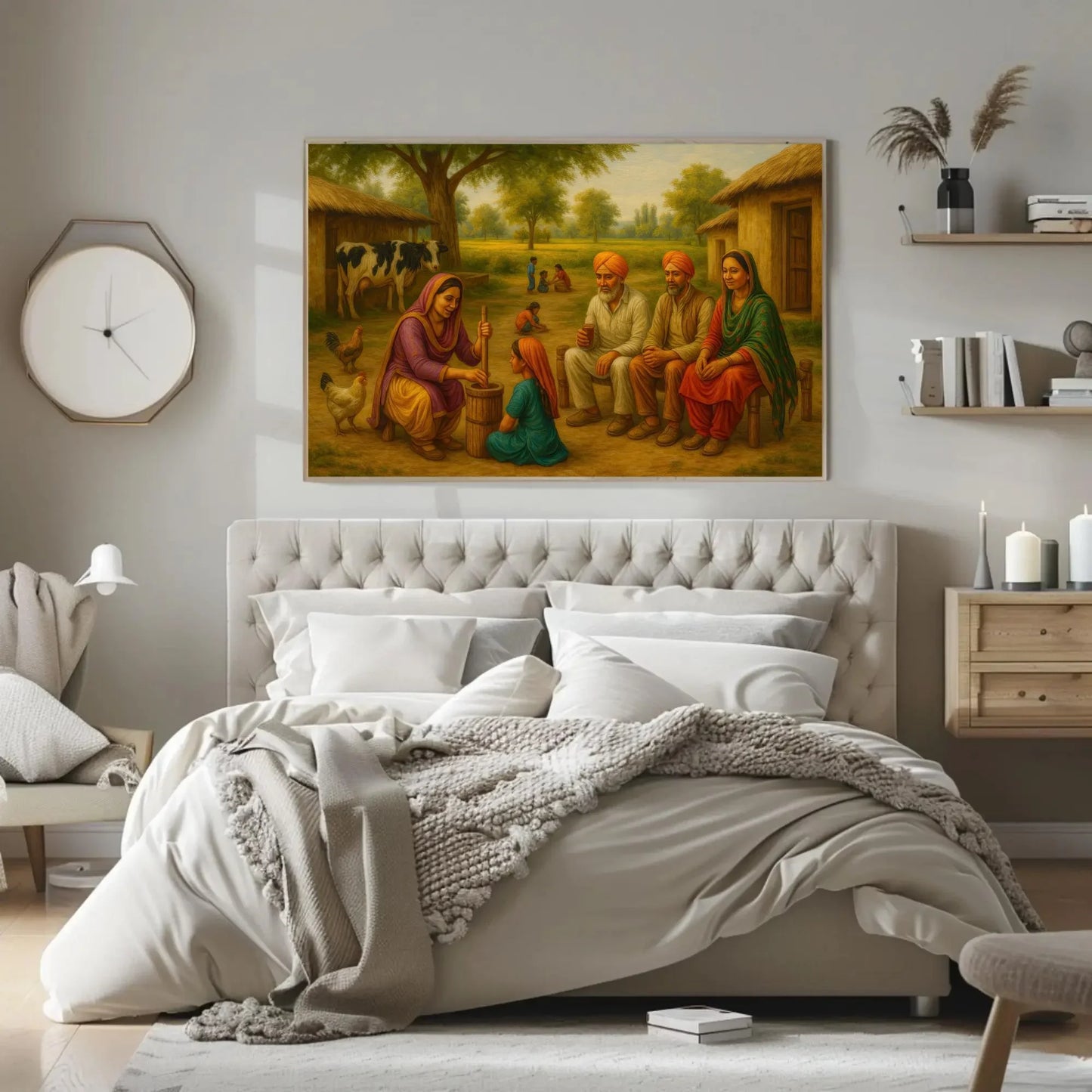 Punjabi Village Family Life Canvas Print, Traditional Rural India Painting, Vibrant Farm Scene Wall Art, Warm Cultural Home Decor Canvas Wall Art – Canvas Print