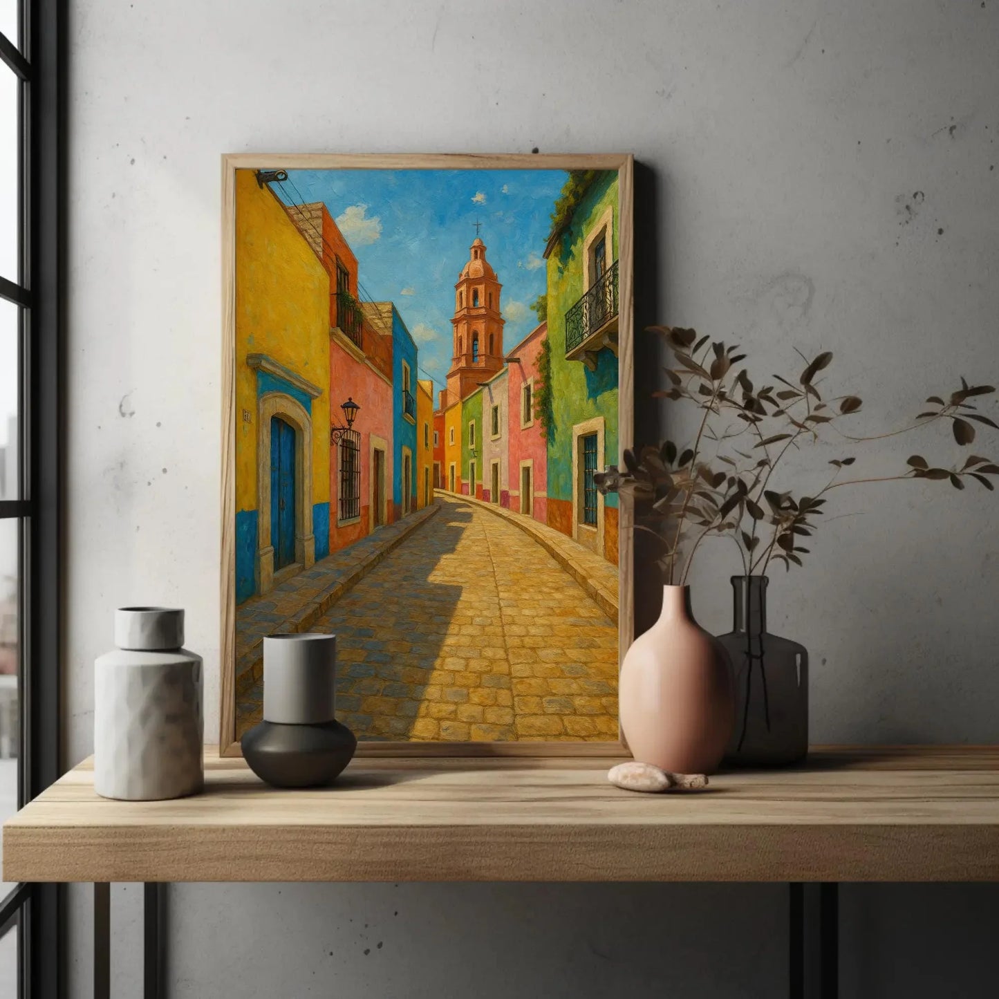 Guanajuato Colorful Street Scene Canvas | Vibrant Colonial City Wall Art | Rustic Mexico Travel Decor | Fiesta Architecture Painting Wall Art – Canvas Print