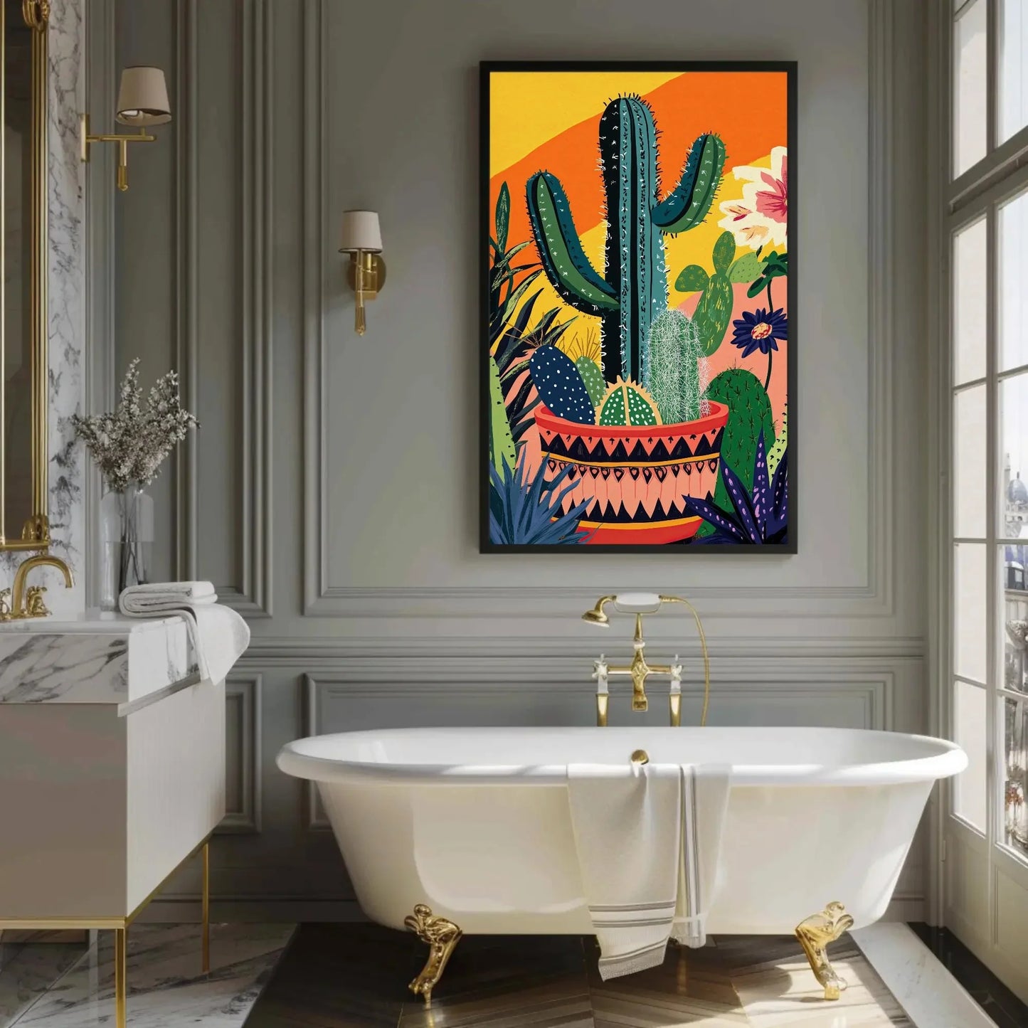 Modern Cacti Canvas Print, Mexican Wall Art, Minimalist Desert Decor, Vibrant Cactus Artwork, Boho Southwestern Home Decor, Ready to Hang Wall Art – Canvas Print