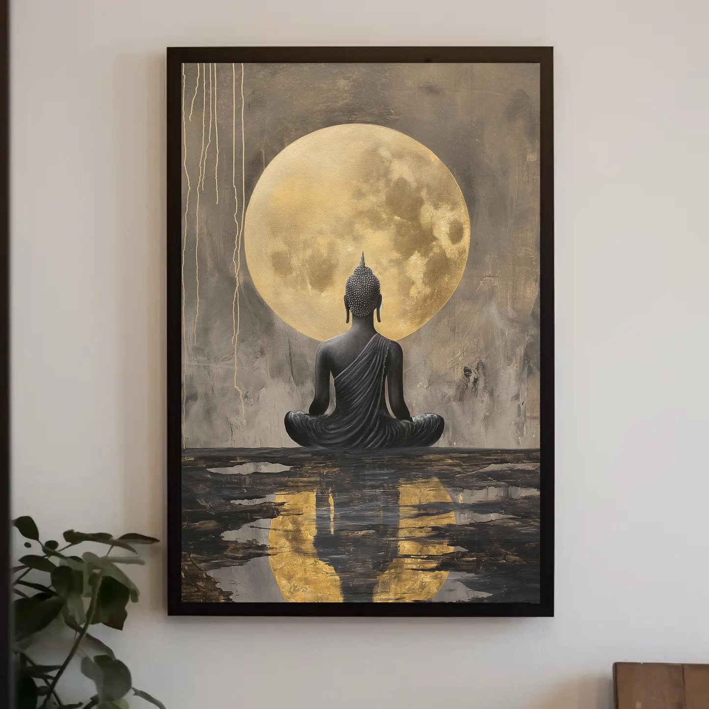 Buddha Meditating Under Moon Canvas Painting - Indian Art Gold Luxury Wall Art - Framed Buddha Decor for Office, Living Room Ready to Hang Wall Art – Canvas Print