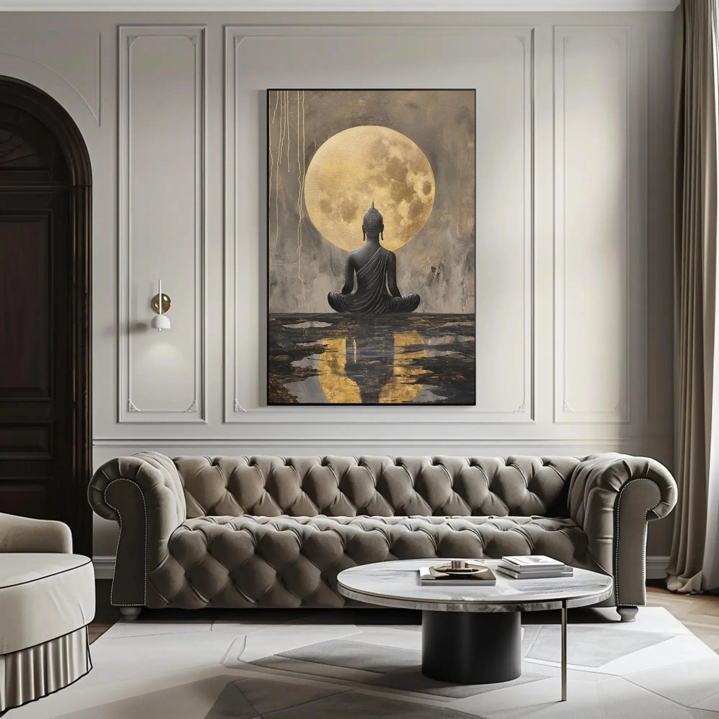 Buddha Meditating Under Moon Canvas Painting - Indian Art Gold Luxury Wall Art - Framed Buddha Decor for Office, Living Room Ready to Hang Wall Art – Canvas Print
