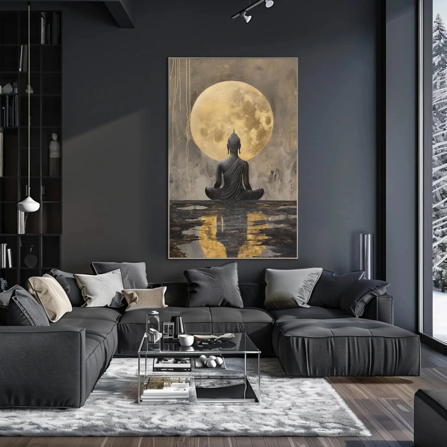 Buddha Meditating Under Moon Canvas Painting - Indian Art Gold Luxury Wall Art - Framed Buddha Decor for Office, Living Room Ready to Hang Wall Art – Canvas Print