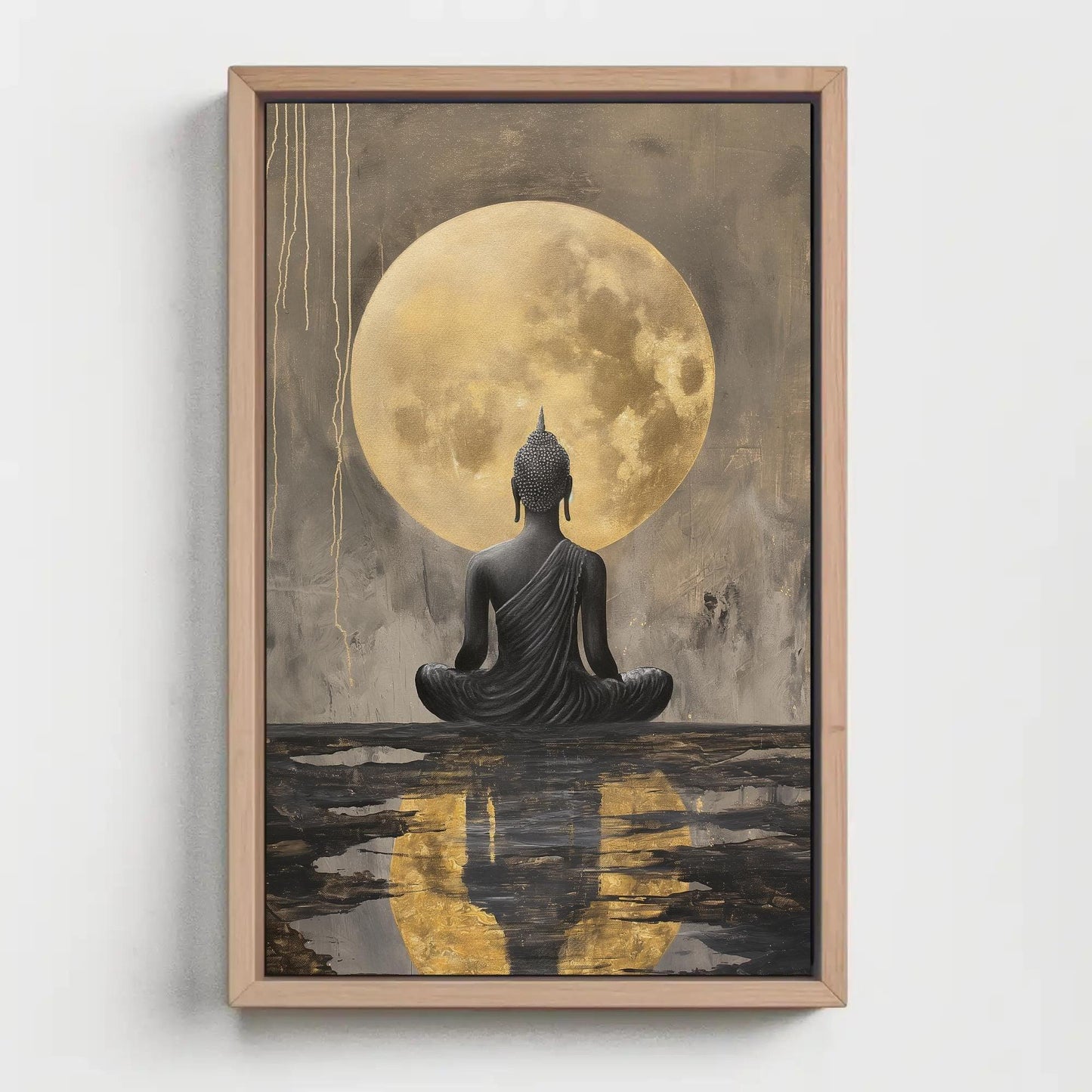 Buddha Meditating Under Moon Canvas Painting - Indian Art Gold Luxury Wall Art - Framed Buddha Decor for Office, Living Room Ready to Hang Wall Art – Canvas Print