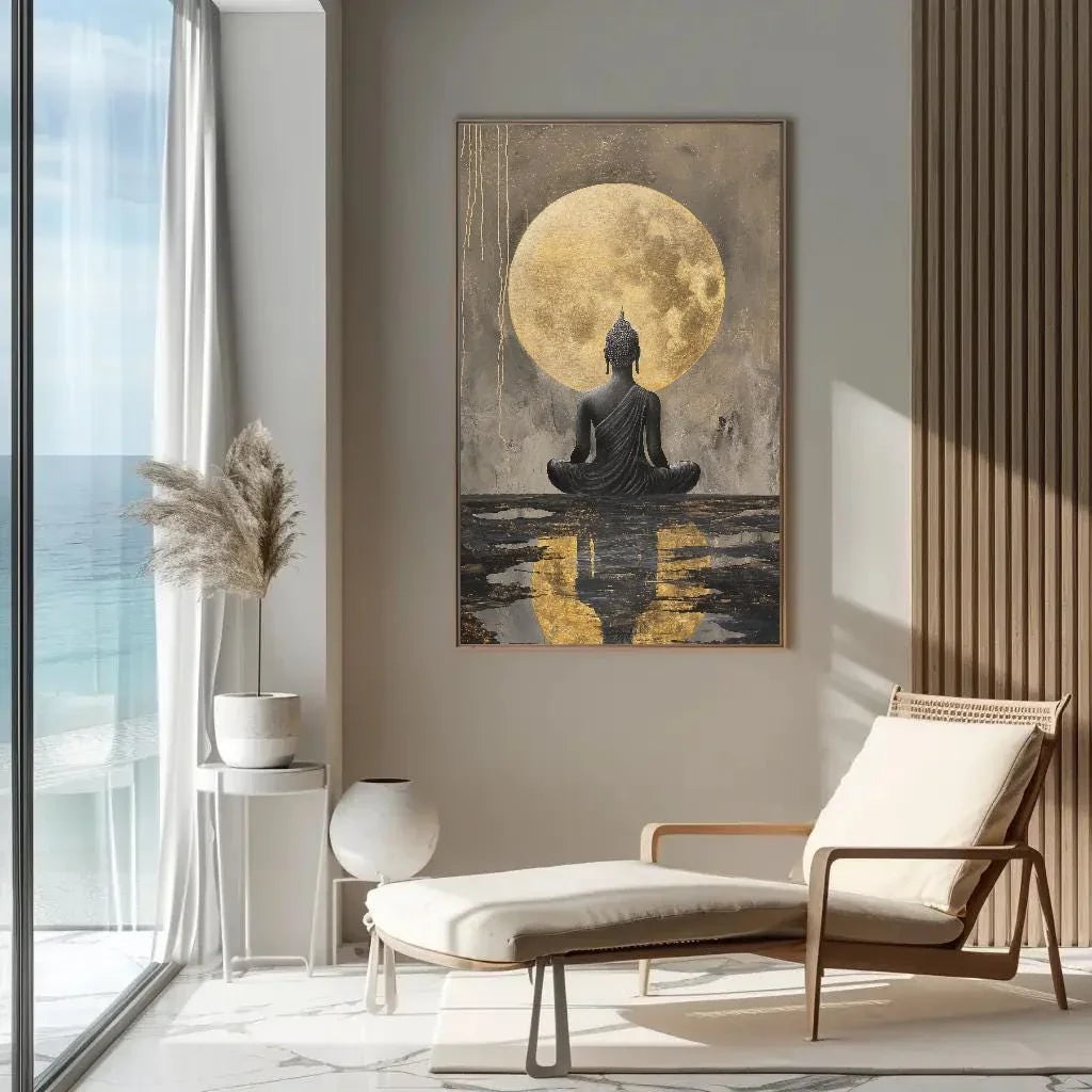 Buddha Meditating Under Moon Canvas Painting - Indian Art Gold Luxury Wall Art - Framed Buddha Decor for Office, Living Room Ready to Hang Wall Art – Canvas Print