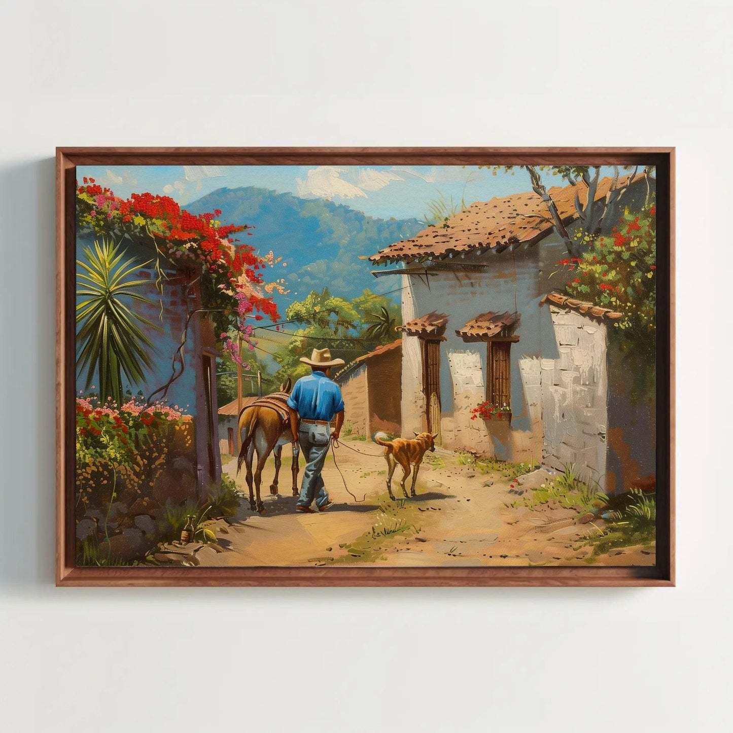 Mexican Village Oil Painting | Mexican Wall Art | Man with a Dog and Donkey | Mexico Home Decor | Mexico Art | Framed Canvas | Ready To Hang Wall Art – Canvas Print