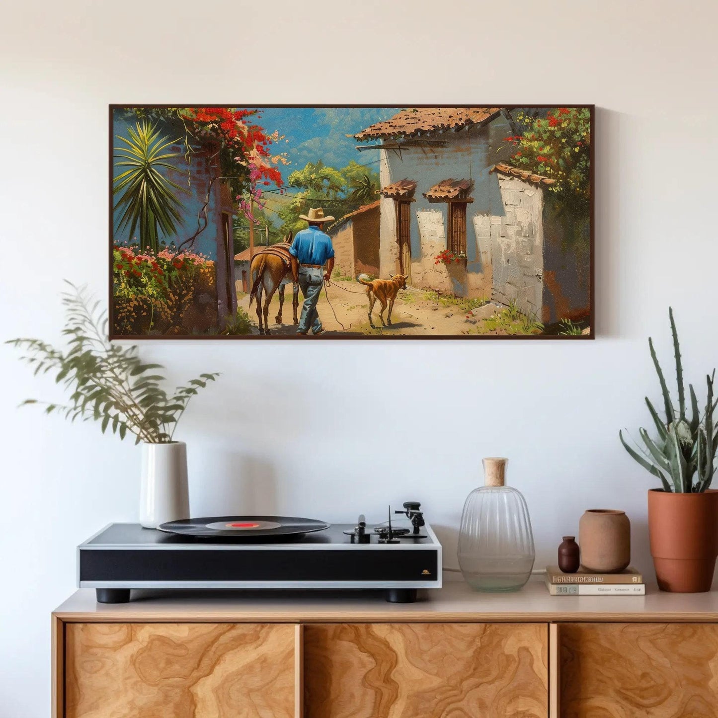 Mexican Village Oil Painting | Mexican Wall Art | Man with a Dog and Donkey | Mexico Home Decor | Mexico Art | Framed Canvas | Ready To Hang Wall Art – Canvas Print