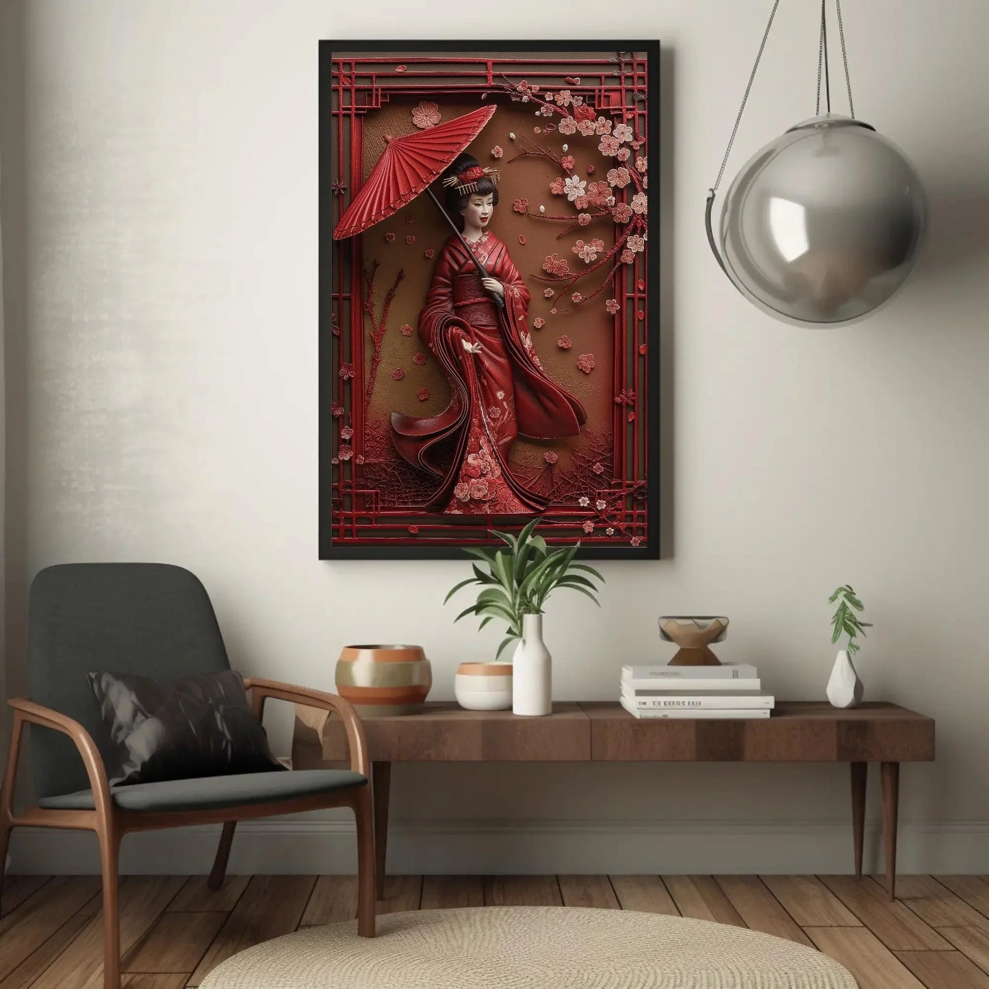 3D Japanese Geisha with Umbrella Canvas Art, Elegant Asian Wall Decor, Framed Geisha Artwork for Tea Room, Meditation Space, Ready to Hang Wall Art – Canvas Print