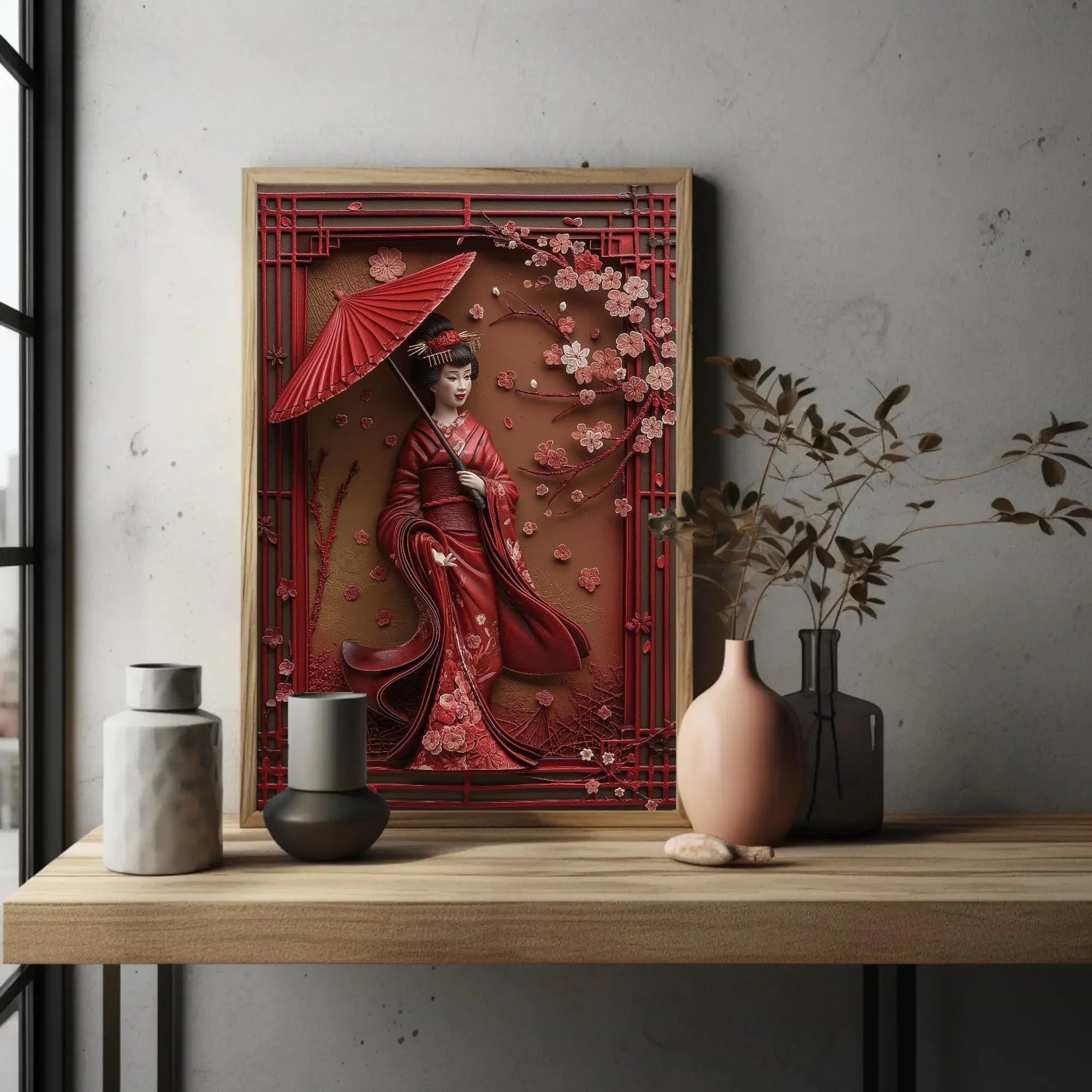 3D Japanese Geisha with Umbrella Canvas Art, Elegant Asian Wall Decor, Framed Geisha Artwork for Tea Room, Meditation Space, Ready to Hang Wall Art – Canvas Print