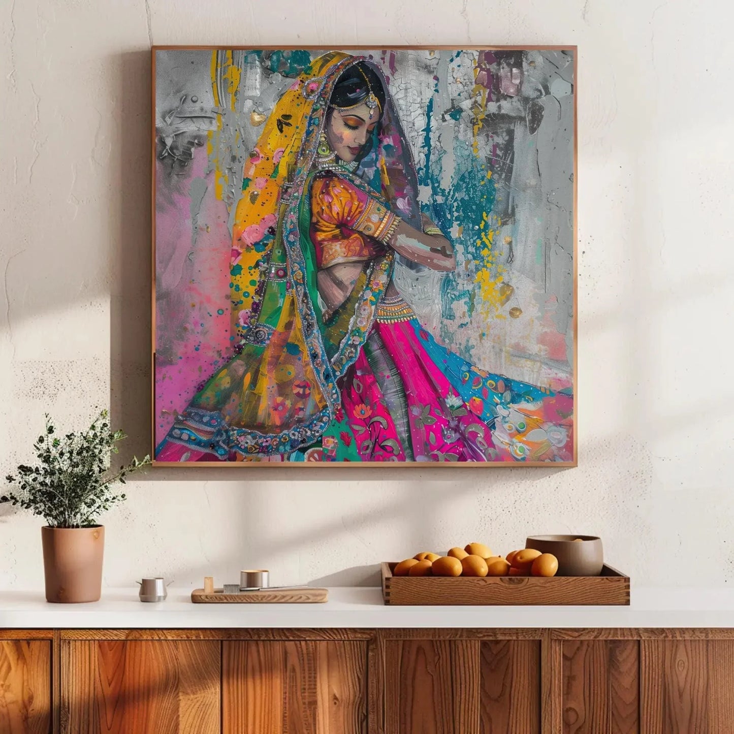 Traditional Indian Woman in Colorful Saree Abstract Canvas | Square Vibrant South Asian Wall Art | Indian Painting for Living Room, Bedroom Wall Art – Canvas Print