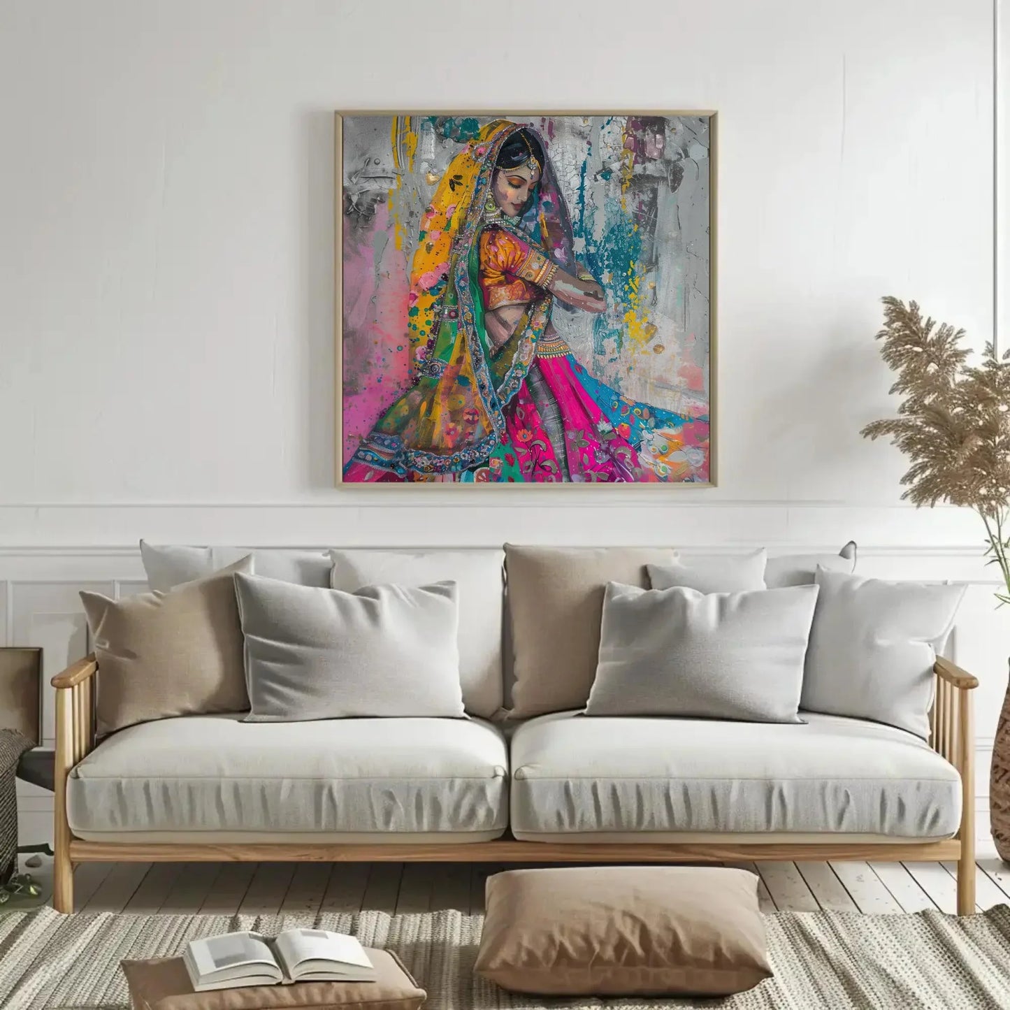 Traditional Indian Woman in Colorful Saree Abstract Canvas | Square Vibrant South Asian Wall Art | Indian Painting for Living Room, Bedroom Wall Art – Canvas Print