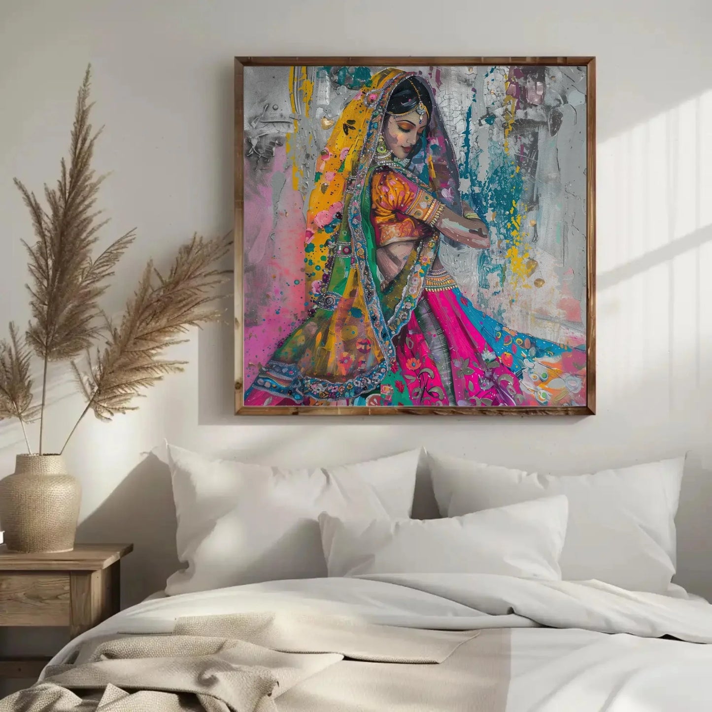 Traditional Indian Woman in Colorful Saree Abstract Canvas | Square Vibrant South Asian Wall Art | Indian Painting for Living Room, Bedroom Wall Art – Canvas Print