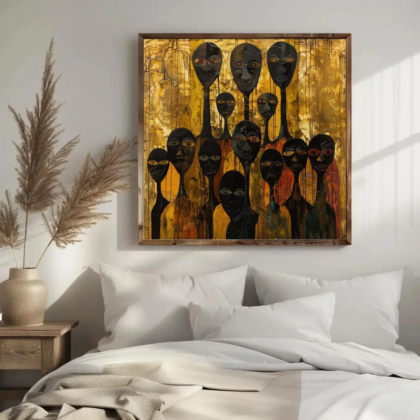 Abstract African Art | Modern Tribal Figures Painting | Gold and Black Wall Art | Cultural Statement Canvas for Eclectic Home Wall Art – Canvas Print