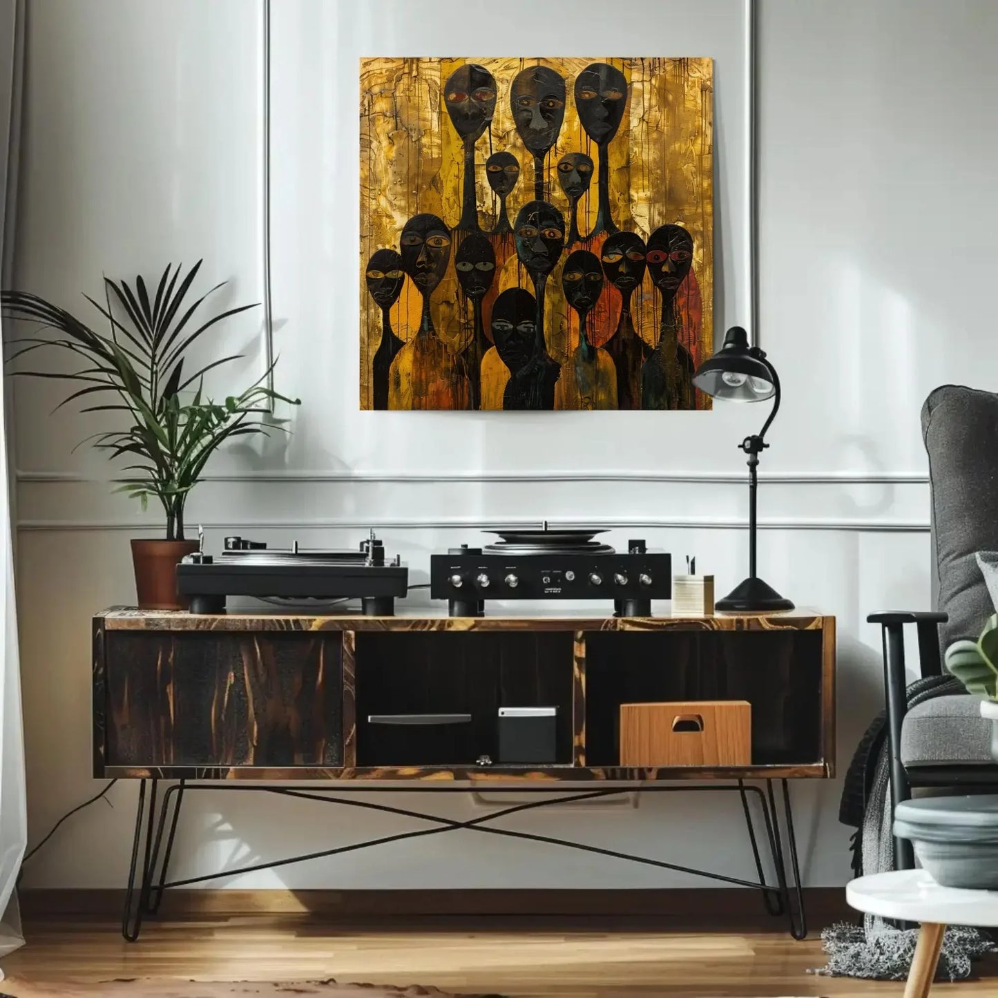 Abstract African Art | Modern Tribal Figures Painting | Gold and Black Wall Art | Cultural Statement Canvas for Eclectic Home Wall Art – Canvas Print