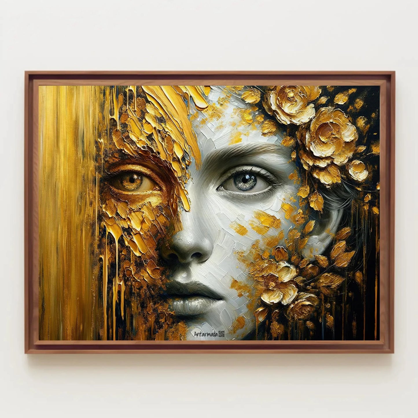 Golden Glimpse: A Portrait of Mystery and Splendor Framed Canvas Luxurious Home Decor, Hall Way Print, Rich Room Wall Art, Golden Print Wall Art – Canvas Print