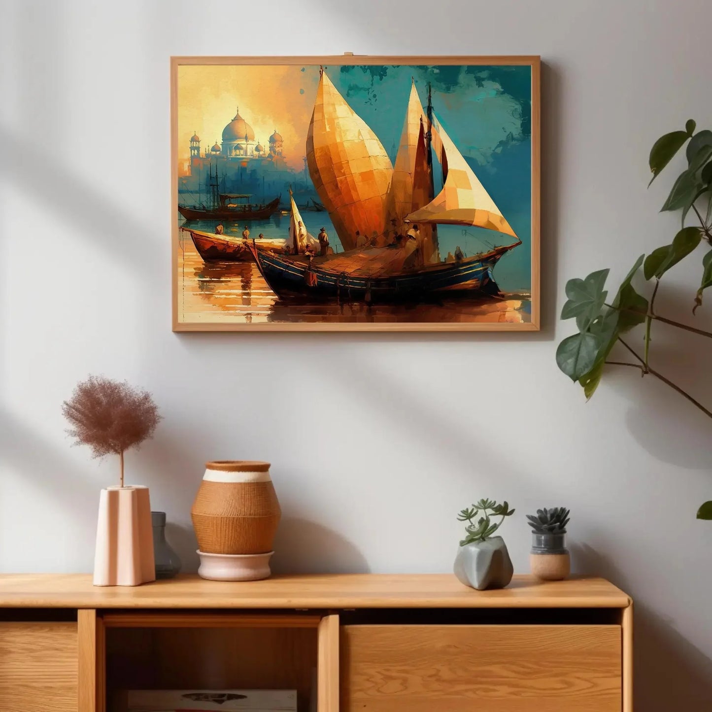 Taj Mahal Ancient Indian Harbour Painting, Boats in Yamuna River near Taj Mahal Large Canvas Art for Indian Home Decor Wall Art – Canvas Print