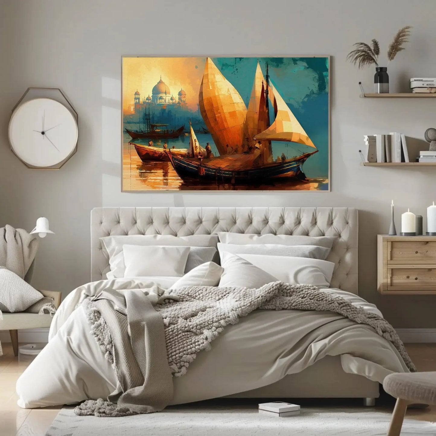Taj Mahal Ancient Indian Harbour Painting, Boats in Yamuna River near Taj Mahal Large Canvas Art for Indian Home Decor Wall Art – Canvas Print