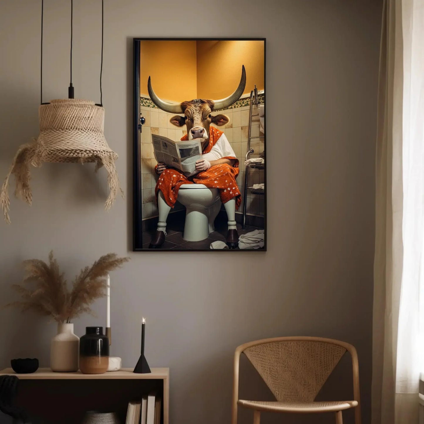 Texas Long Horn Cow Reading Newspaper On The Toilet Funny Bathroom Wall Art Gift Canvas Painting Framed Print Toilet Humor Gift For Him Wall Art – Canvas Print