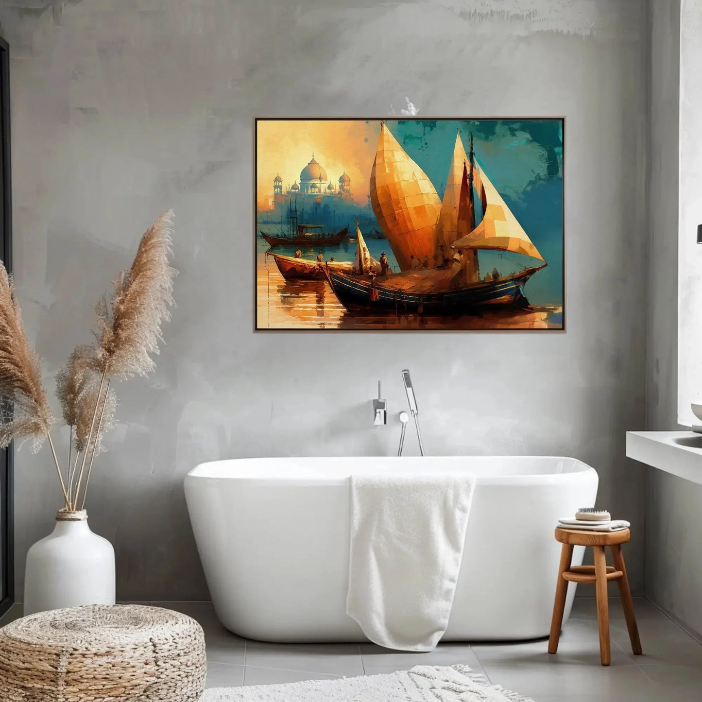 Taj Mahal Ancient Indian Harbour Painting, Boats in Yamuna River near Taj Mahal Large Canvas Art for Indian Home Decor Wall Art – Canvas Print