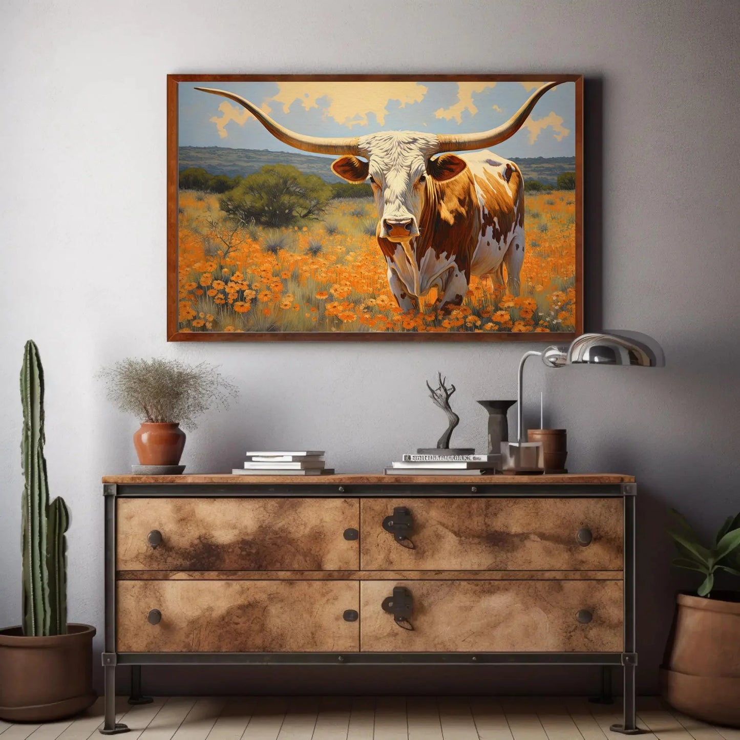 Large Texas Longhorn Painting - Farmhouse Living Room Decor - Extra Large Wall Art - Longhorn cow in a flower open field art Wall Art – Canvas Print