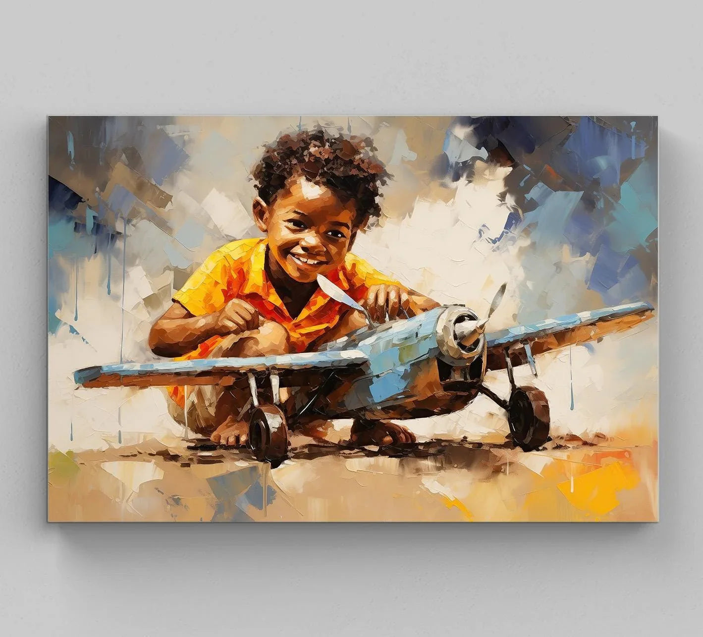 African American with a Toy Plane, African Black art, Happy African Child, Black Art, Pilot Kid, Joyful Motivational Wall Art Wall Art – Canvas Print
