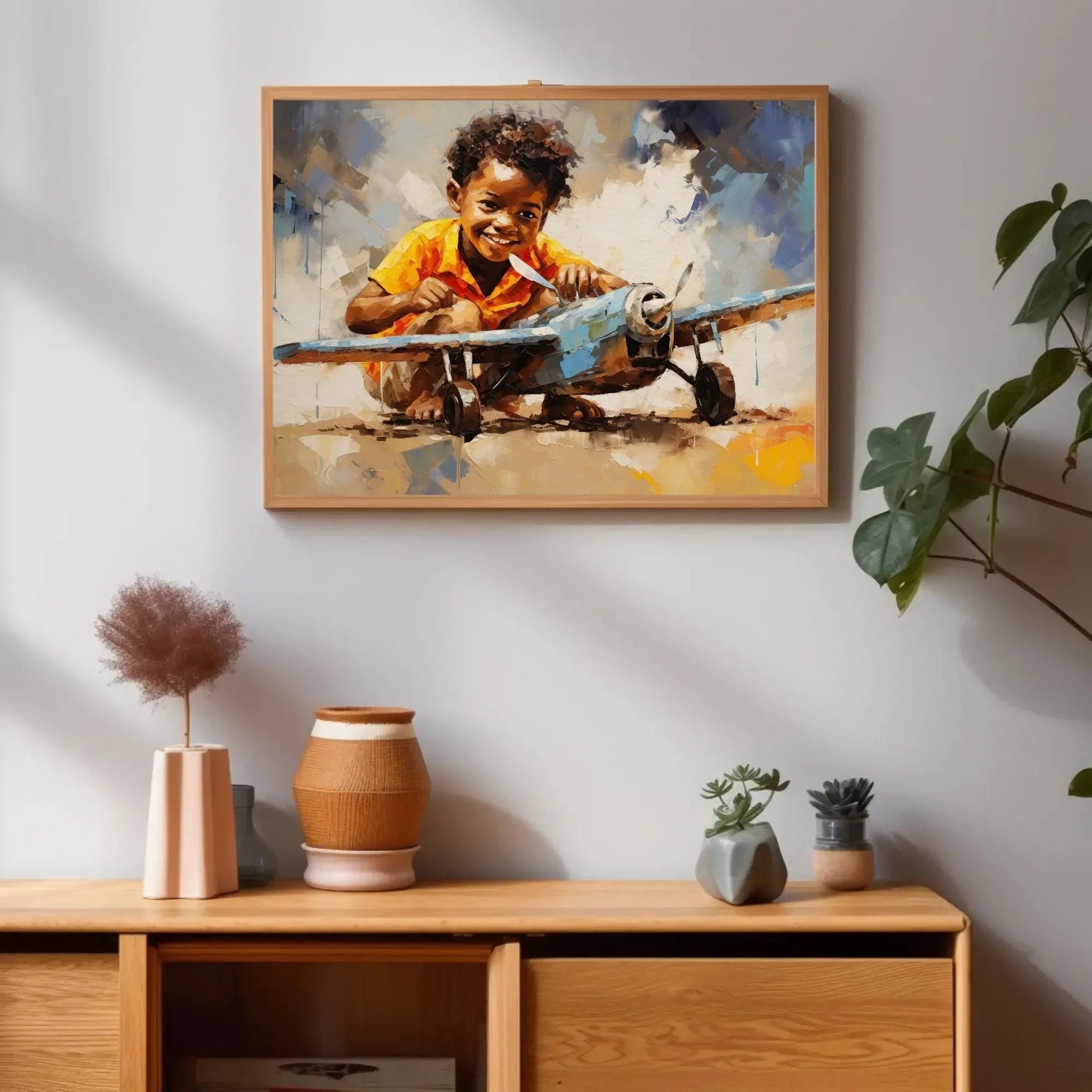 African American with a Toy Plane, African Black art, Happy African Child, Black Art, Pilot Kid, Joyful Motivational Wall Art Wall Art – Canvas Print