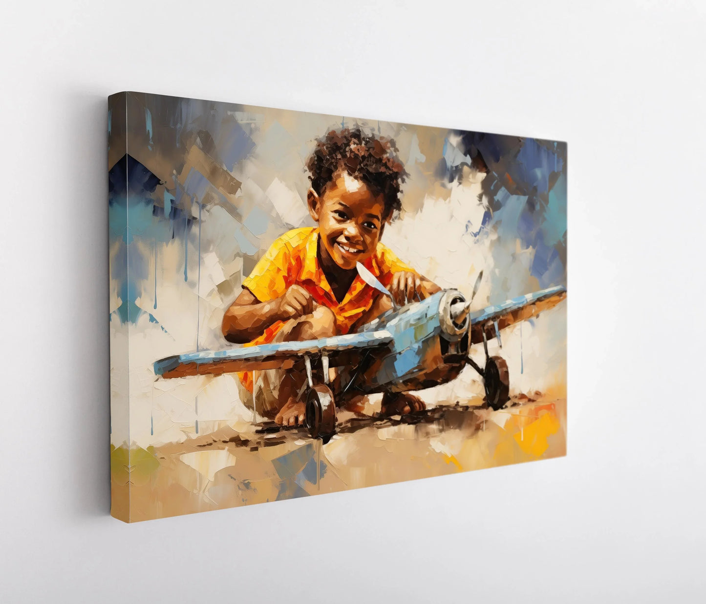 African American with a Toy Plane, African Black art, Happy African Child, Black Art, Pilot Kid, Joyful Motivational Wall Art Wall Art – Canvas Print
