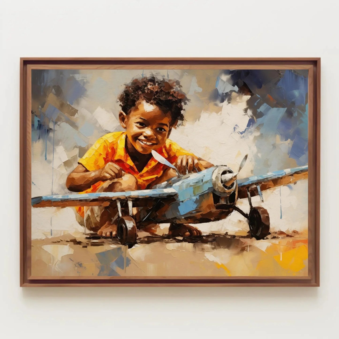 African American with a Toy Plane, African Black art, Happy African Child, Black Art, Pilot Kid, Joyful Motivational Wall Art Wall Art – Canvas Print