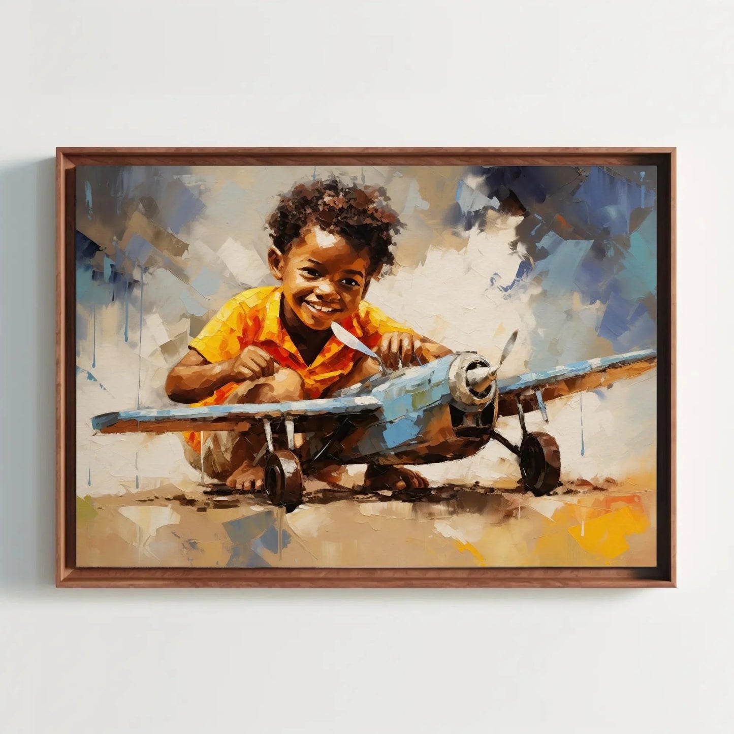 African American with a Toy Plane, African Black art, Happy African Child, Black Art, Pilot Kid, Joyful Motivational Wall Art Wall Art – Canvas Print