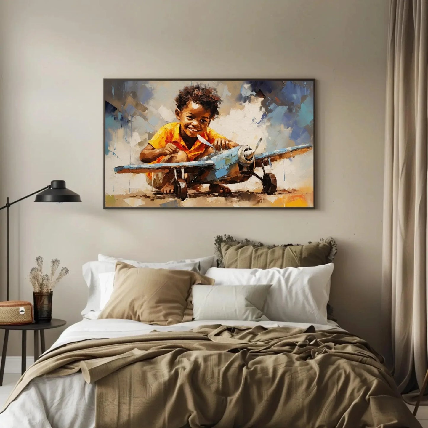 African American with a Toy Plane, African Black art, Happy African Child, Black Art, Pilot Kid, Joyful Motivational Wall Art Wall Art – Canvas Print