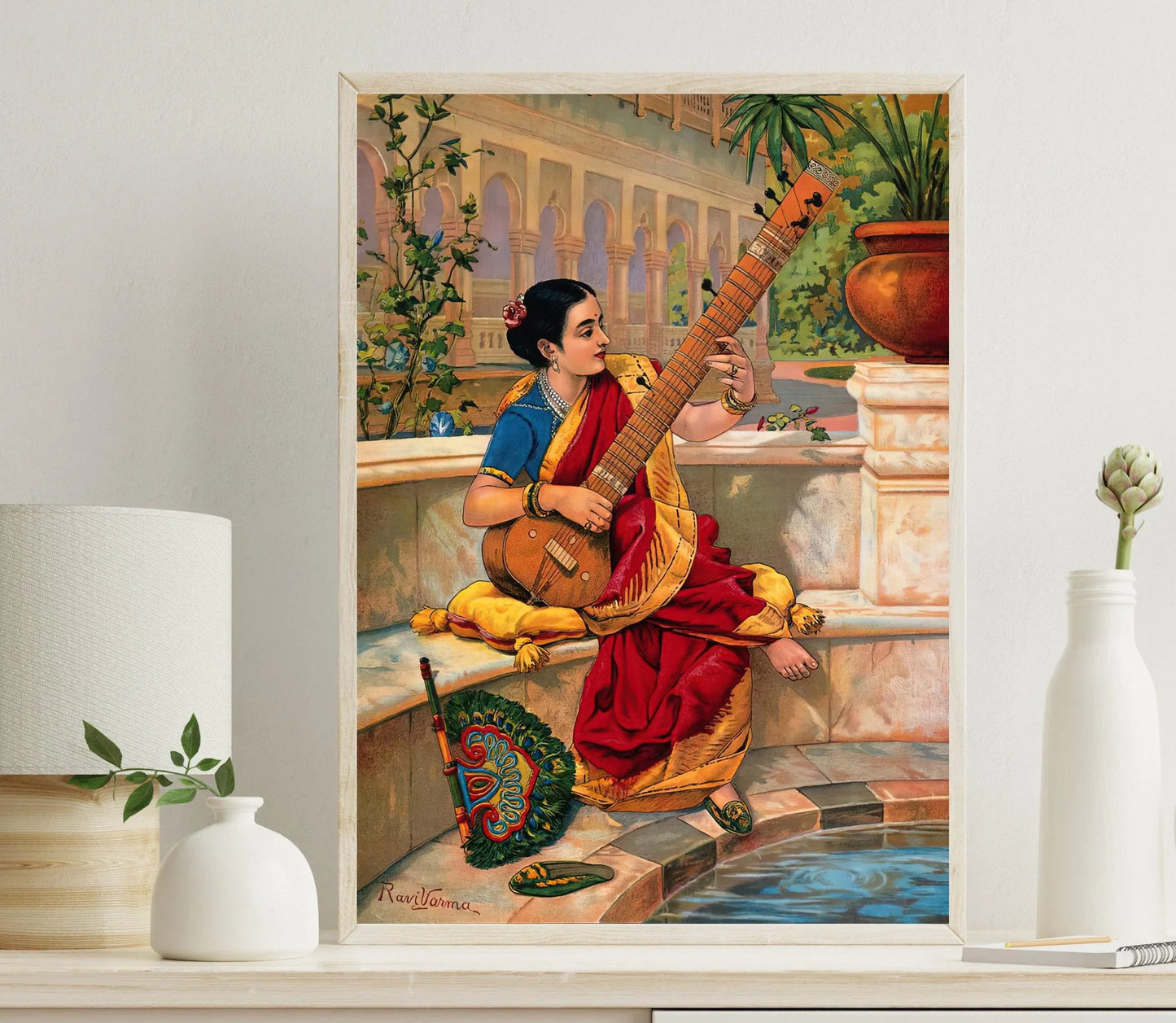 Indian Woman Playing Sitar (1800s) singed by Raja Ravi Varma Print | Vintage Indian Art | Indian Painting | Indian Wall Art | Print Wall Art – Canvas Print