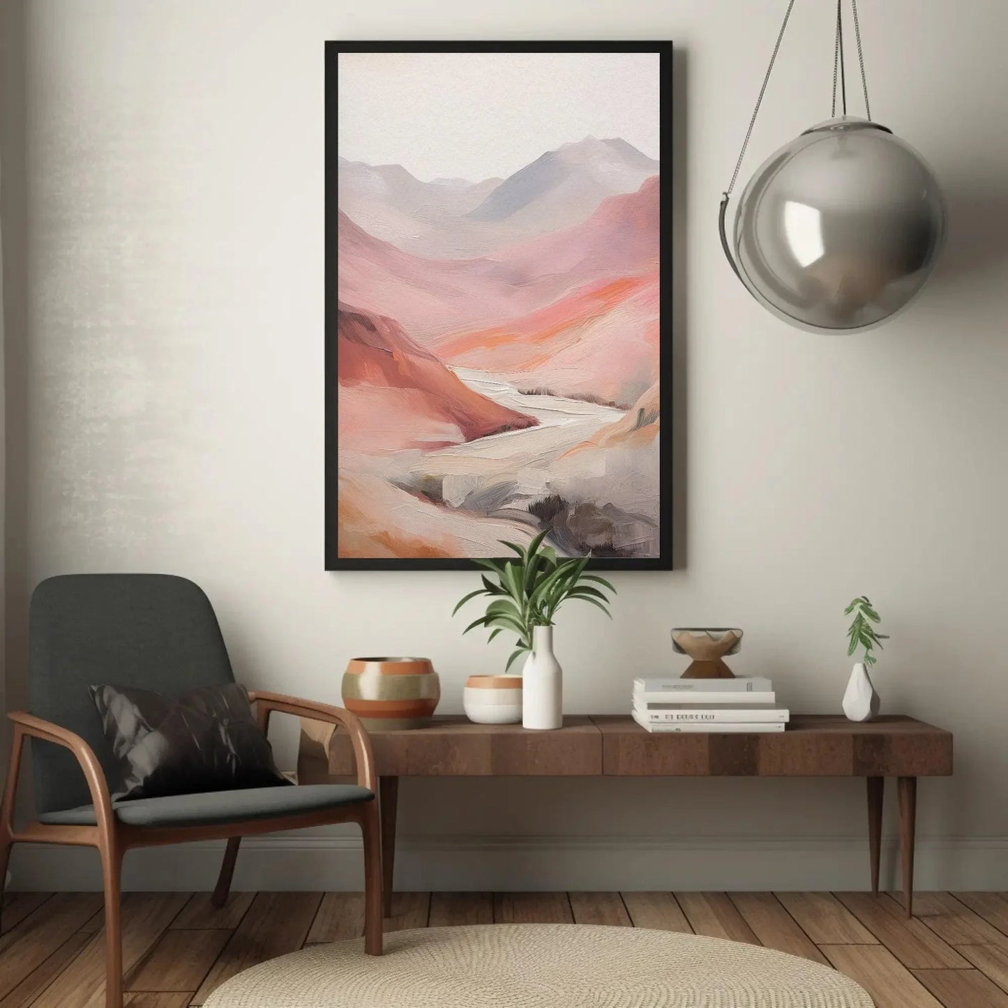 Abstract Pink Mountain Valley Oil Painting Canvas Print - Minimalist Earthy Tones - Ready to Hang for Living Room or Bedroom Decor Wall Art – Canvas Print