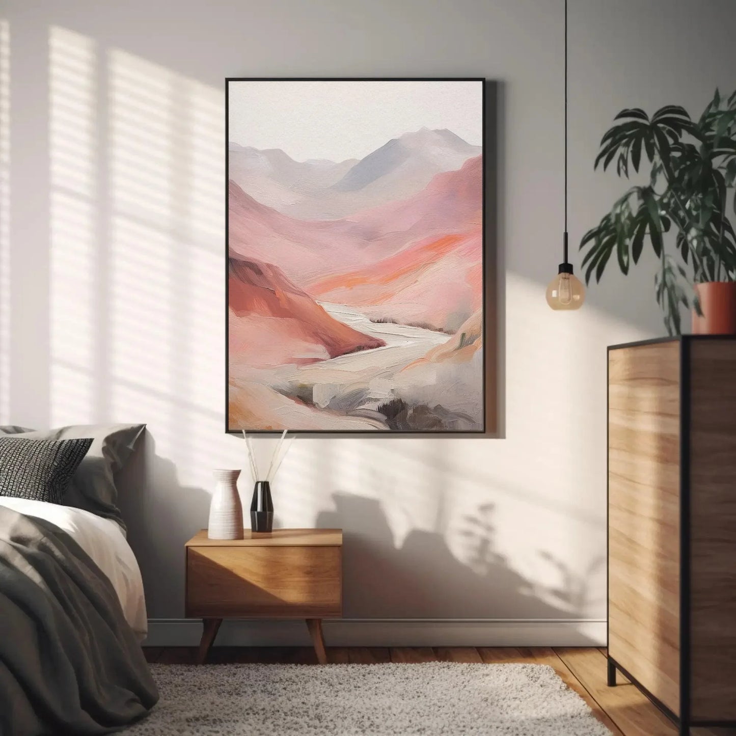 Abstract Pink Mountain Valley Oil Painting Canvas Print - Minimalist Earthy Tones - Ready to Hang for Living Room or Bedroom Decor Wall Art – Canvas Print
