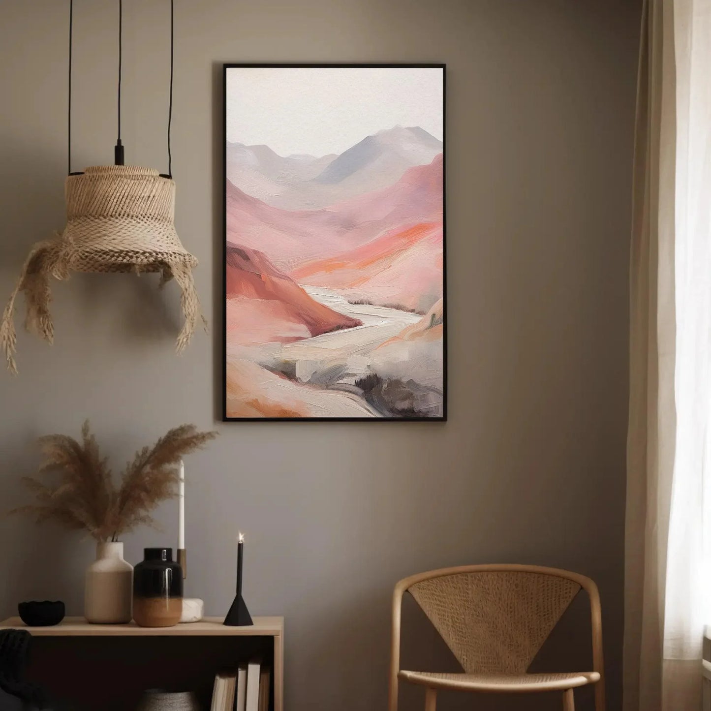 Abstract Pink Mountain Valley Oil Painting Canvas Print - Minimalist Earthy Tones - Ready to Hang for Living Room or Bedroom Decor Wall Art – Canvas Print