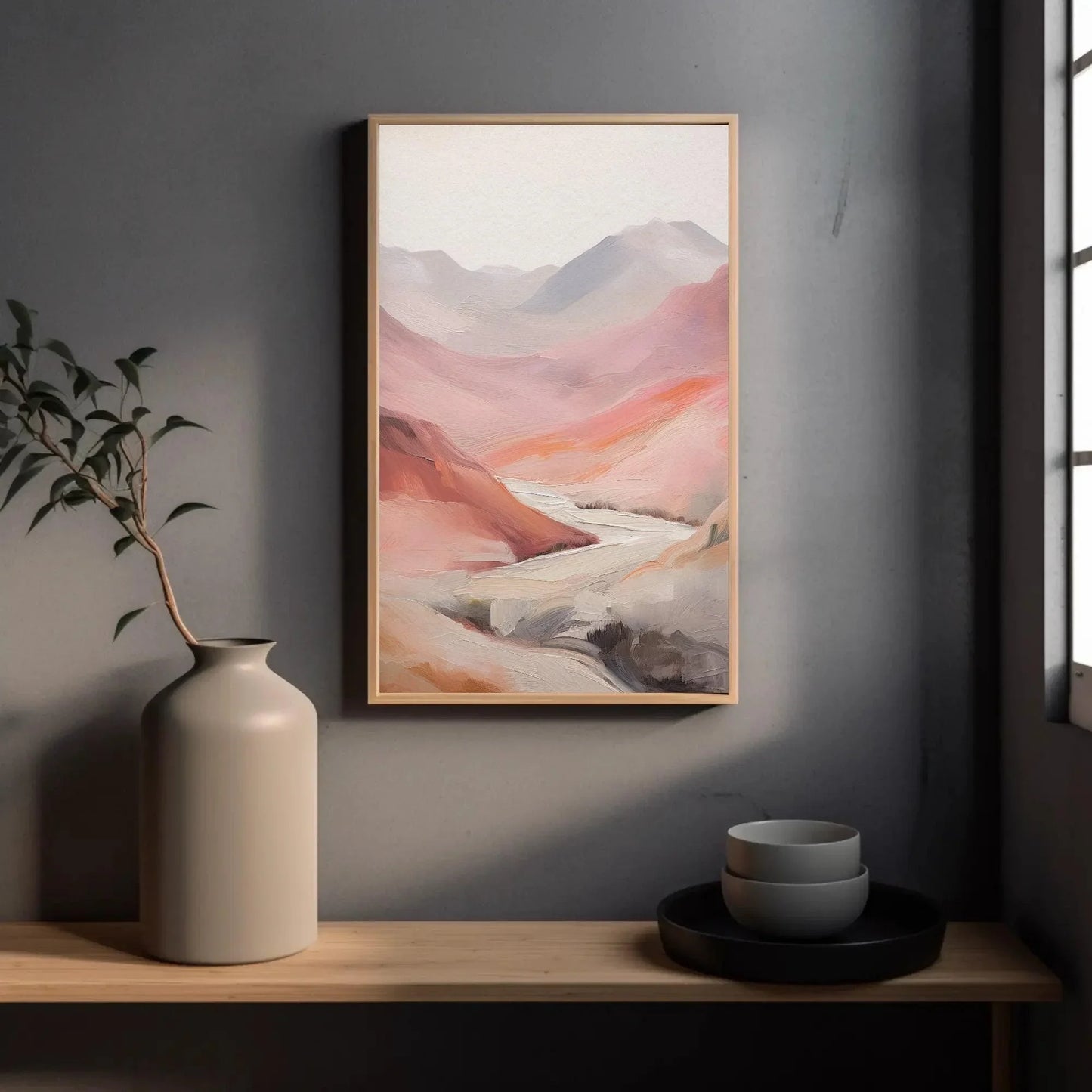 Abstract Pink Mountain Valley Oil Painting Canvas Print - Minimalist Earthy Tones - Ready to Hang for Living Room or Bedroom Decor Wall Art – Canvas Print