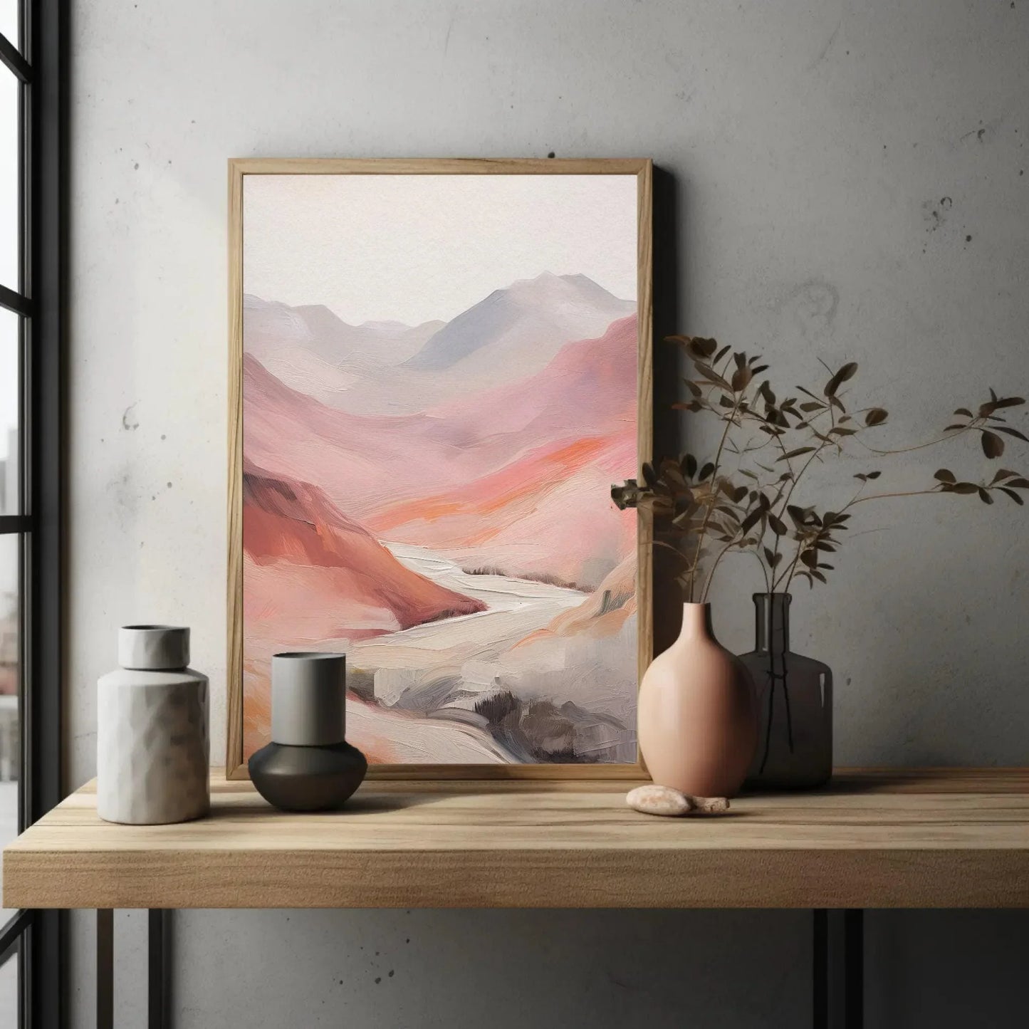 Abstract Pink Mountain Valley Oil Painting Canvas Print - Minimalist Earthy Tones - Ready to Hang for Living Room or Bedroom Decor Wall Art – Canvas Print